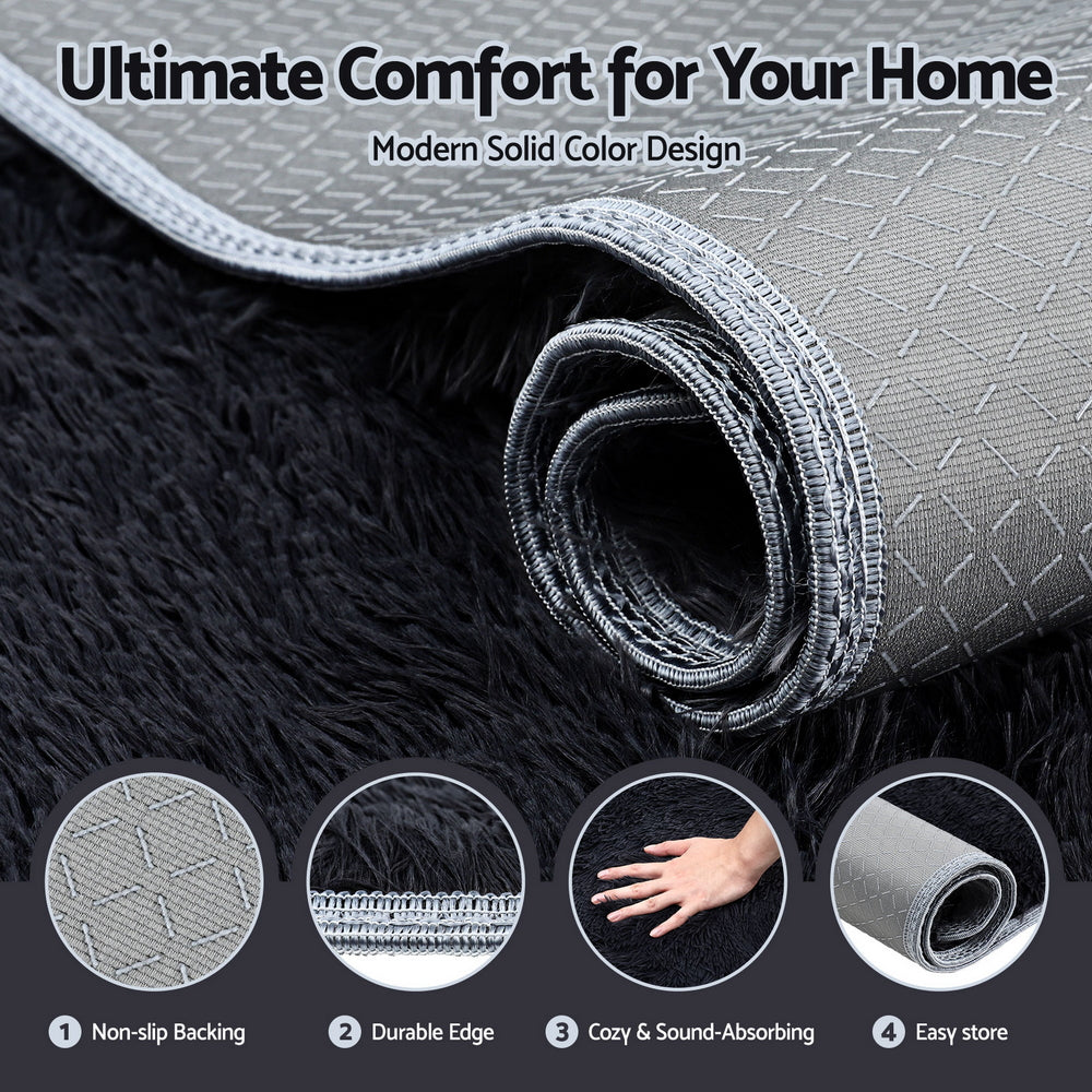 Floor Rugs: Artiss Floor Rug 200x230cm Plush Area Shaggy Rug Living Room Bedroom Carpet Black