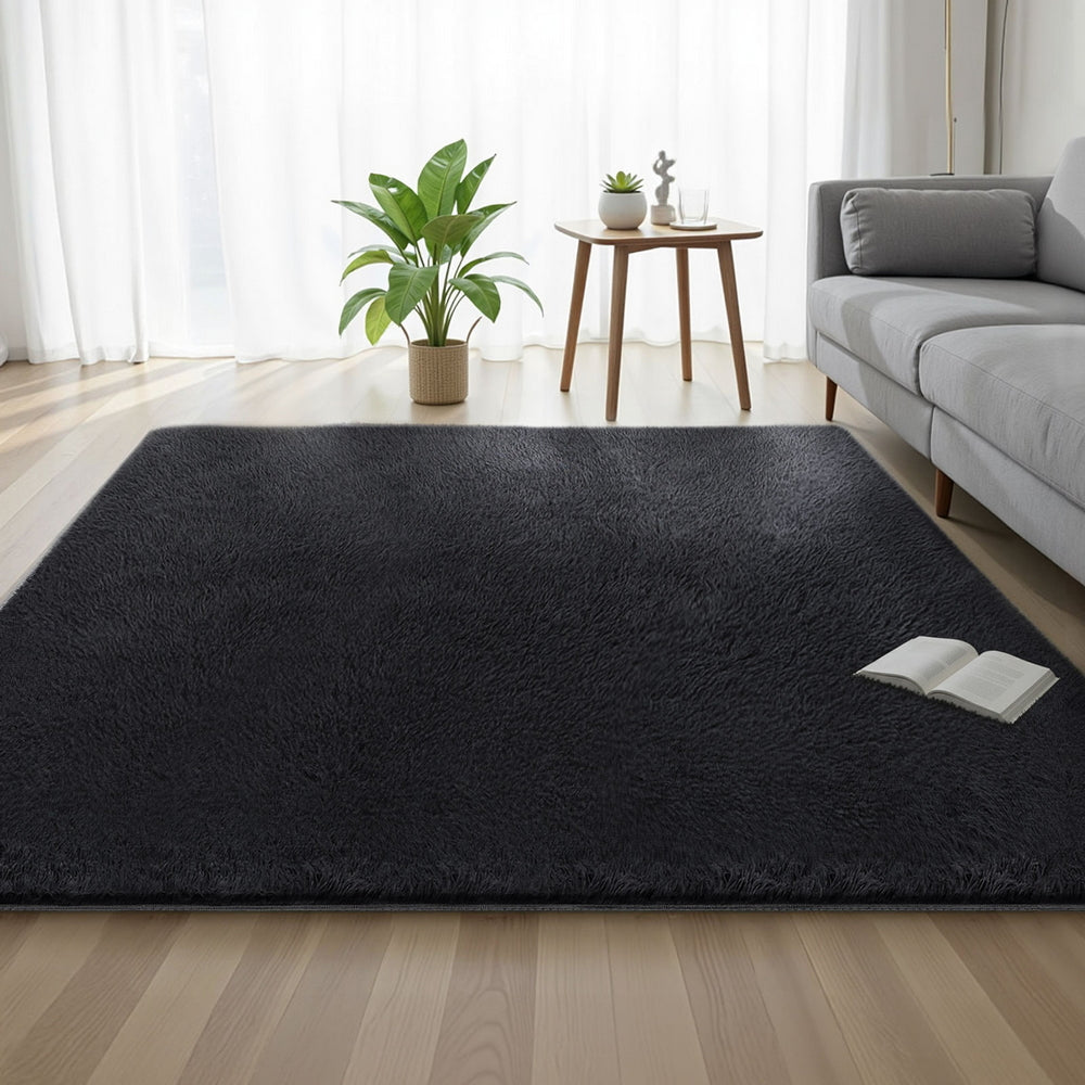 Floor Rugs: Artiss Floor Rug 200x230cm Plush Area Shaggy Rug Living Room Bedroom Carpet Black