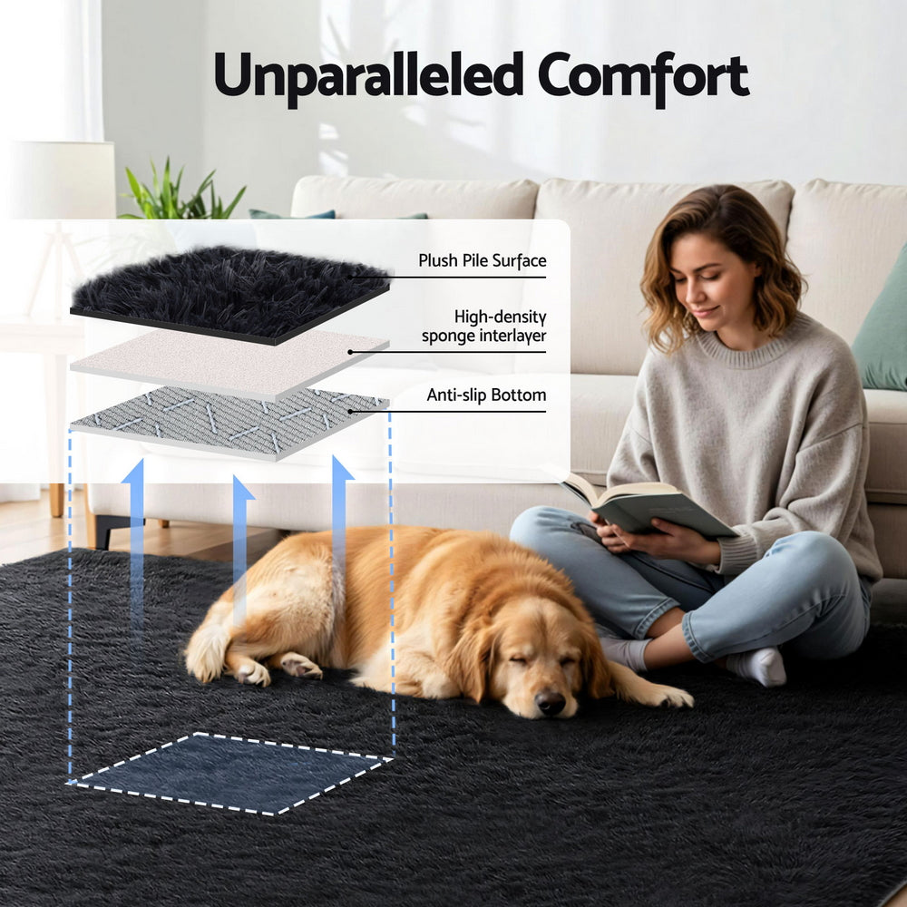 Floor Rugs: Artiss Floor Rug 200x290cm Plush Area Shaggy Rug Living Room Bedroom Carpet Black