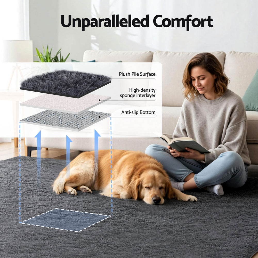 Floor Rugs: Artiss Floor Rug 200x290cm Plush Area Shaggy Rug Living Room Bedroom Carpet Grey