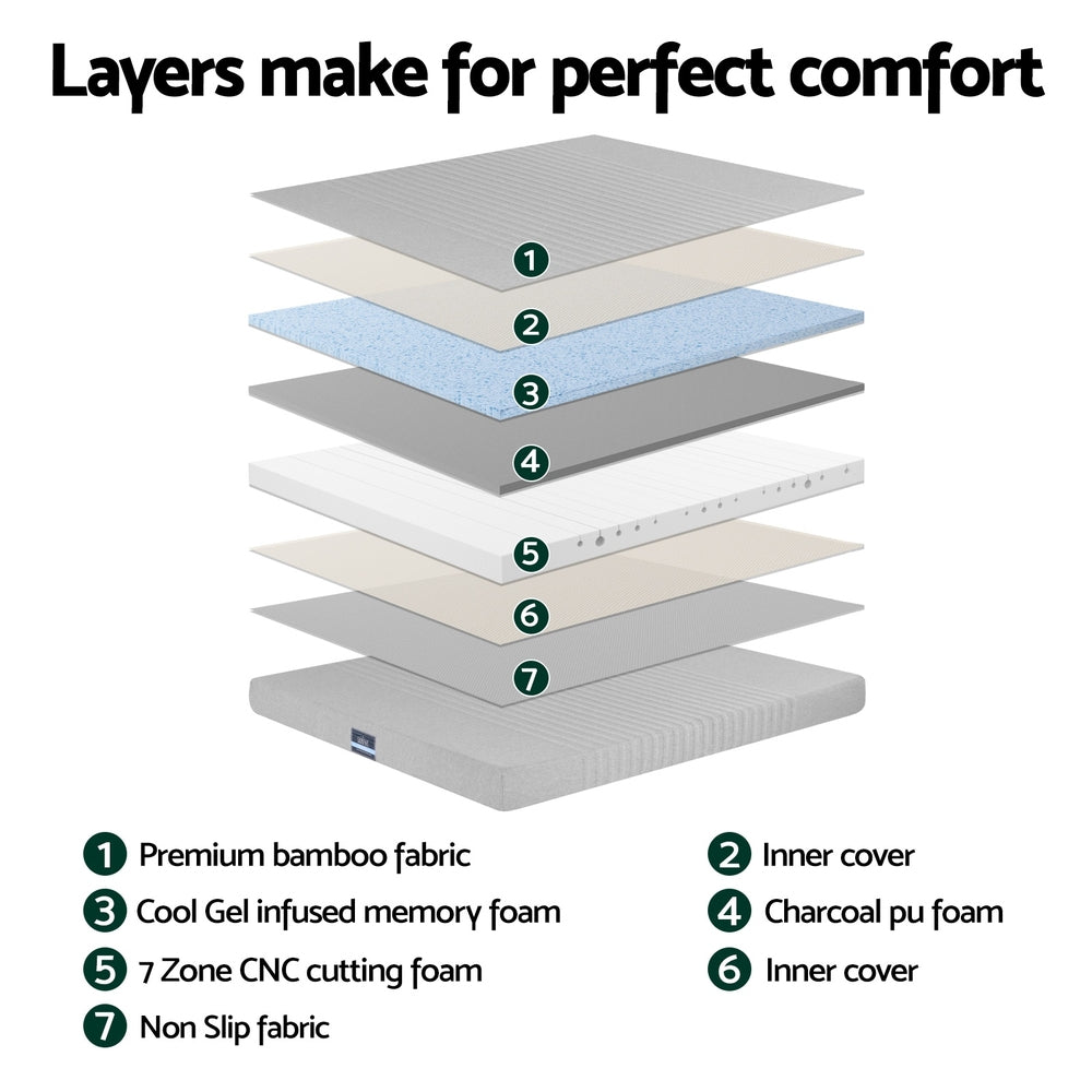 Mattress Toppers: Giselle Bedding Cool Gel Memory Foam Mattress Charcoal 7-Zone Washable Bamboo Cover 15cm Double