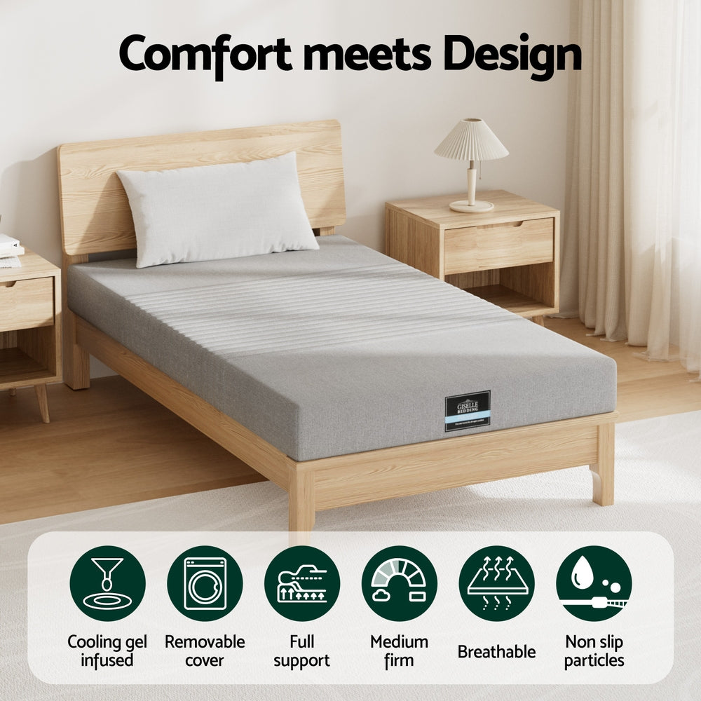 Single Mattress: Giselle Bedding Cool Gel Memory Foam Mattress Charcoal 7-Zone Washable Bamboo Cover 15cm Single