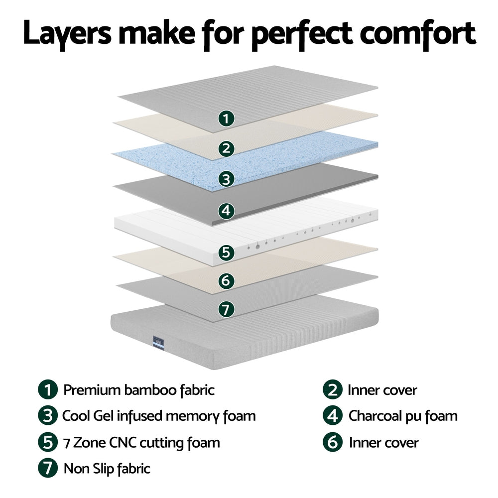 Single Mattress: Giselle Bedding Cool Gel Memory Foam Mattress Charcoal 7-Zone Washable Bamboo Cover 15cm Single