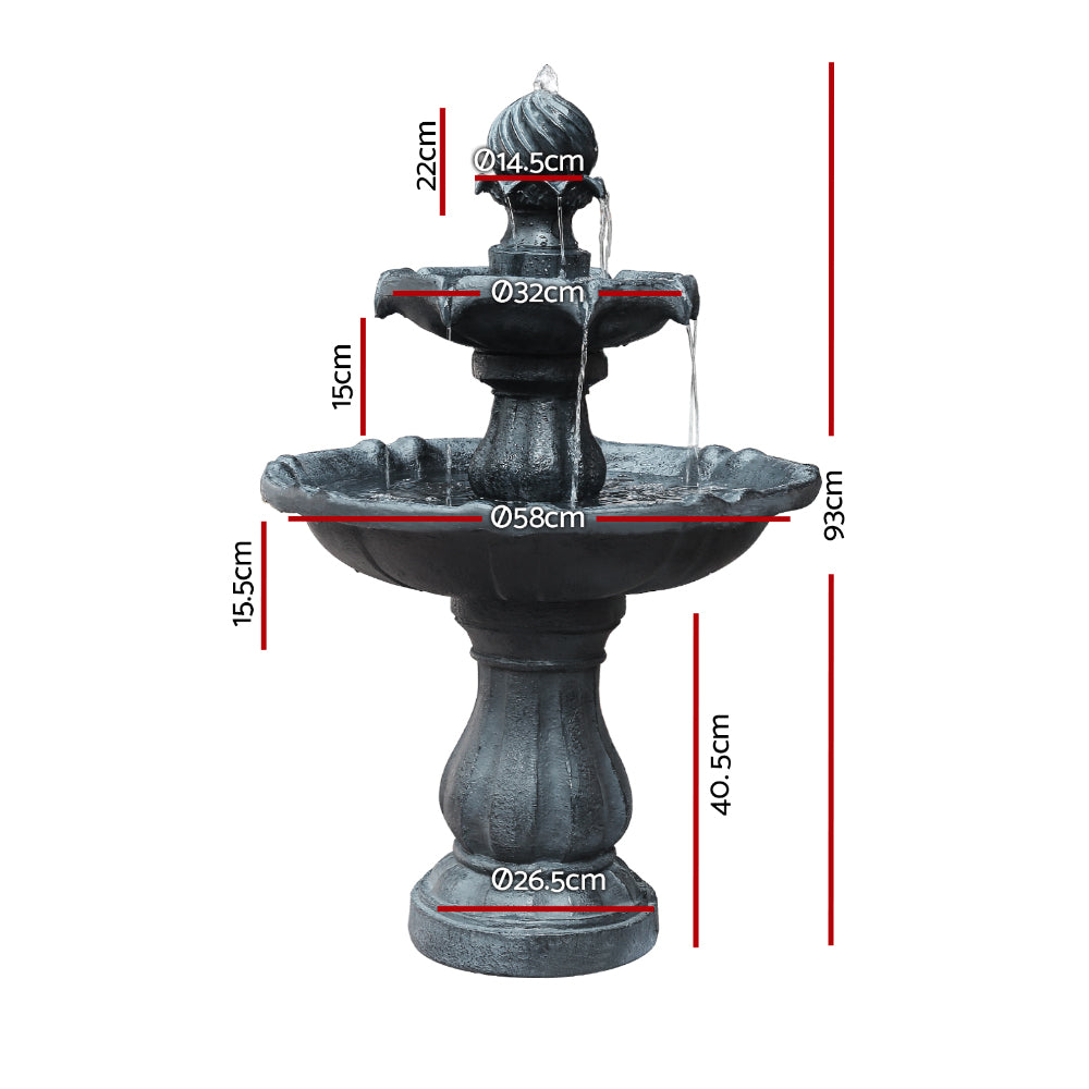 Fountain & Ponds Accessories: Gardeon Solar Water Feature 3-Tier Fountain with Pump Kit Bird Bath 93CM Black