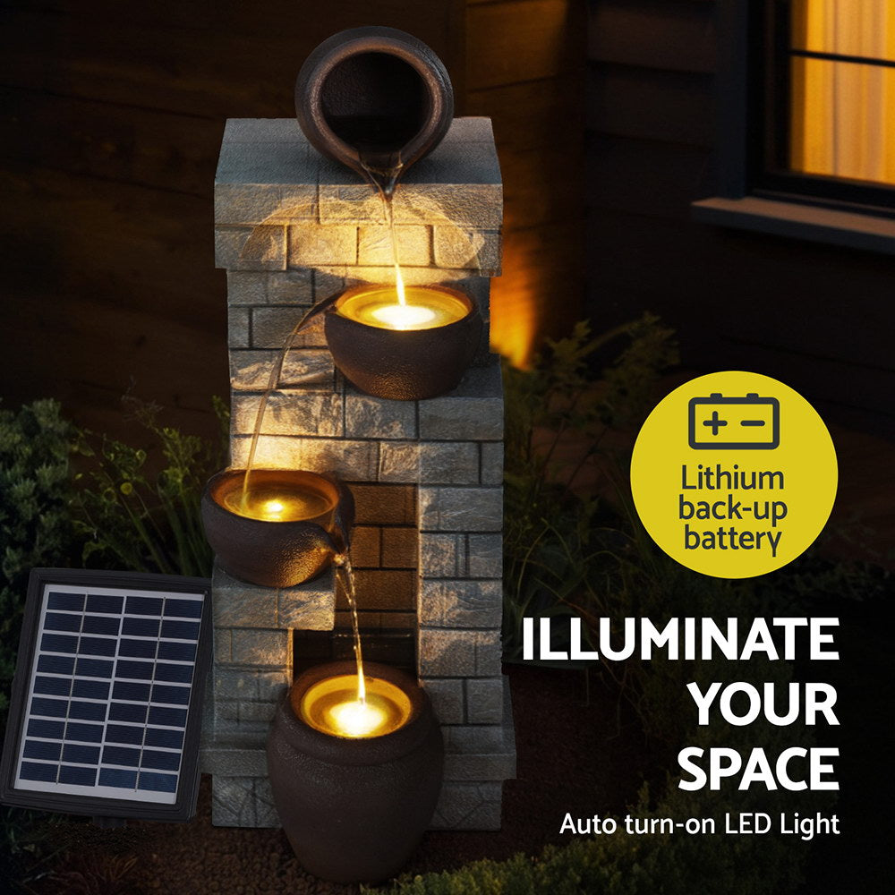 Fountains & Ponds: Gardeon Solar Fountain Water Feature  Pot Outdoor Indoor 4-Tier Cascading Brown
