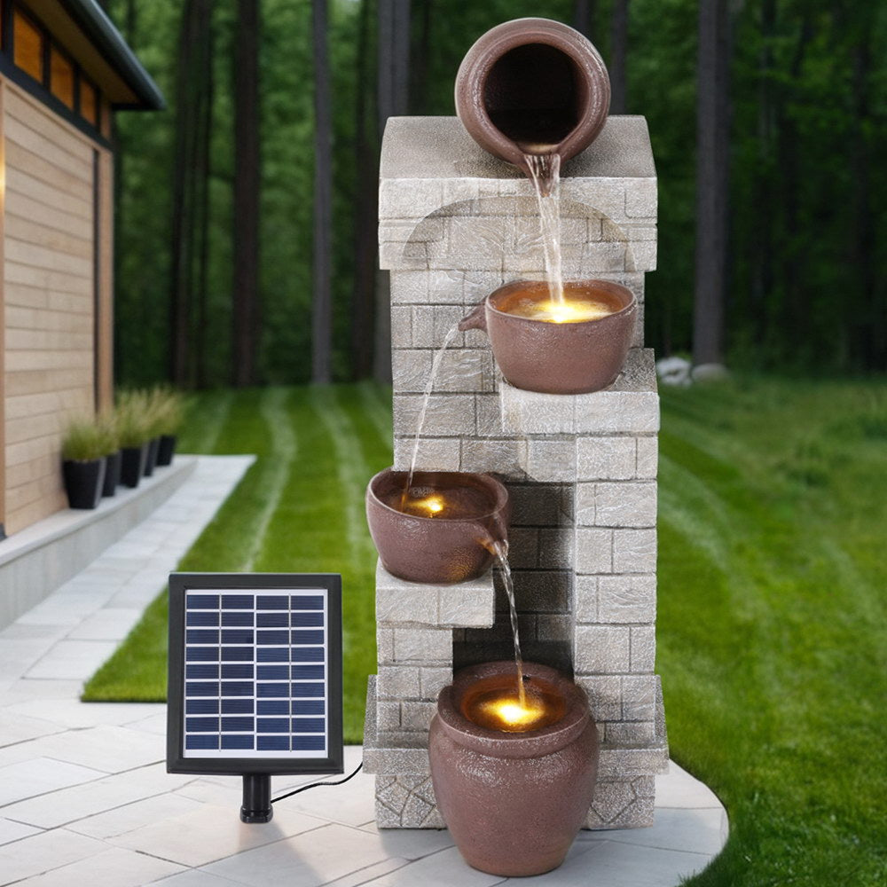 Fountains & Ponds: Gardeon Solar Fountain Water Feature  Pot Outdoor Indoor 4-Tier Cascading Brown