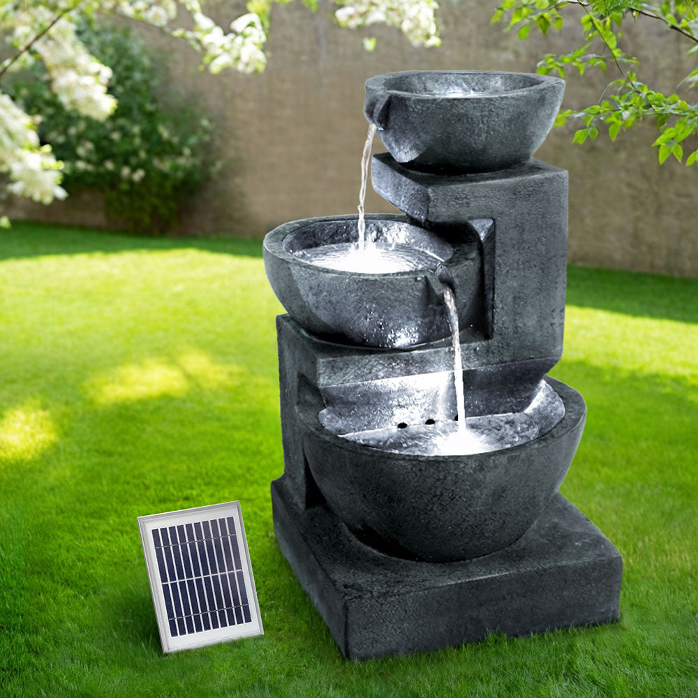 Fountain & Ponds Accessories: Gardeon Solar Water Feature Cascading Fountain 3-Tier Bowl LED Lights 60CM Blue