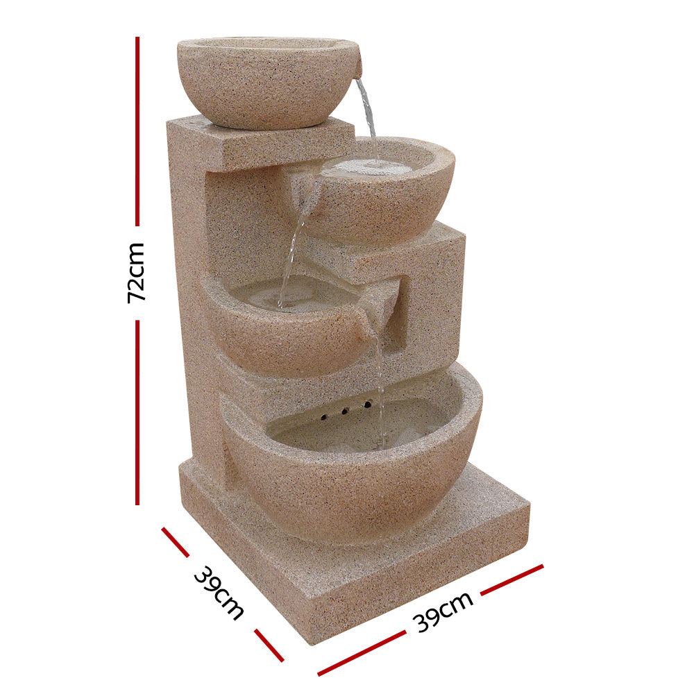 Fountain & Ponds Accessories: Gardeon Solar Water Feature Cascading Fountain 4-Tier Bowl LED Lights 72CM Sand