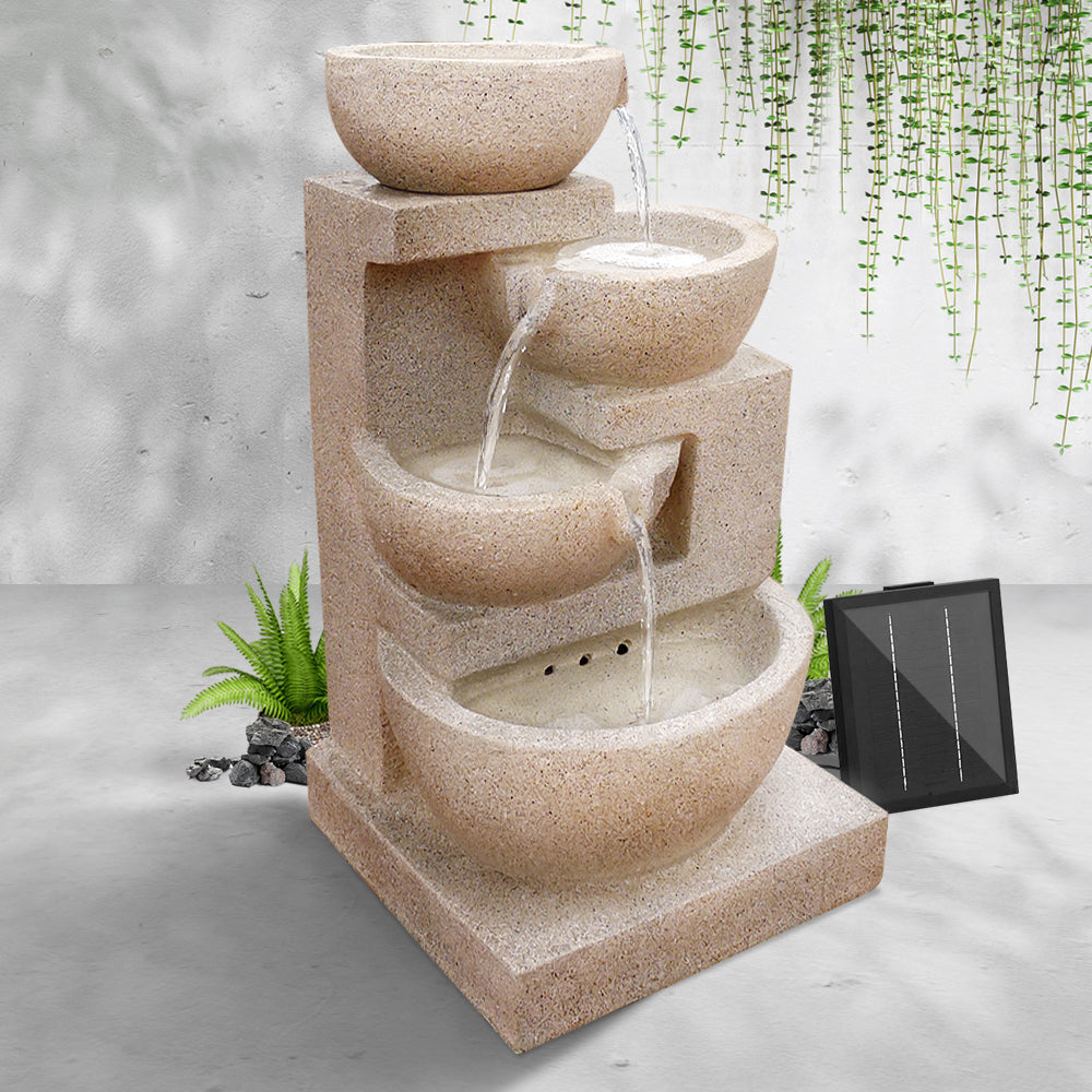 Fountain & Ponds Accessories: Gardeon Solar Water Feature Cascading Fountain 4-Tier Bowl LED Lights 72CM Sand