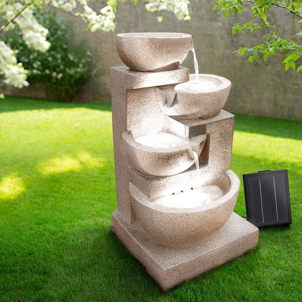 Fountain & Ponds Accessories: Gardeon Solar Water Feature Cascading Fountain 4-Tier Bowl LED Lights 72CM Sand