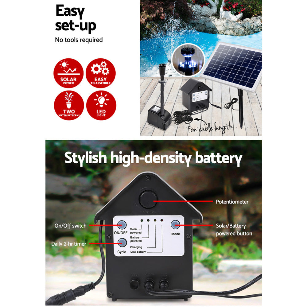 Fountain & Ponds Accessories: Gardeon Solar Pond Pump Submersible Water Fountain with Battery Kit LED Lights 6.6FT