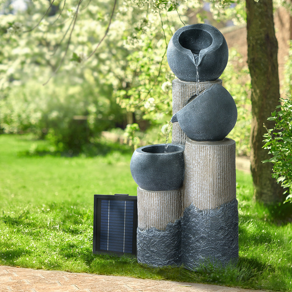 Fountain & Ponds Accessories: Gardeon Solar Water Feature Cascading Fountain 3-Tier Pot LED Lights 76CM Grey