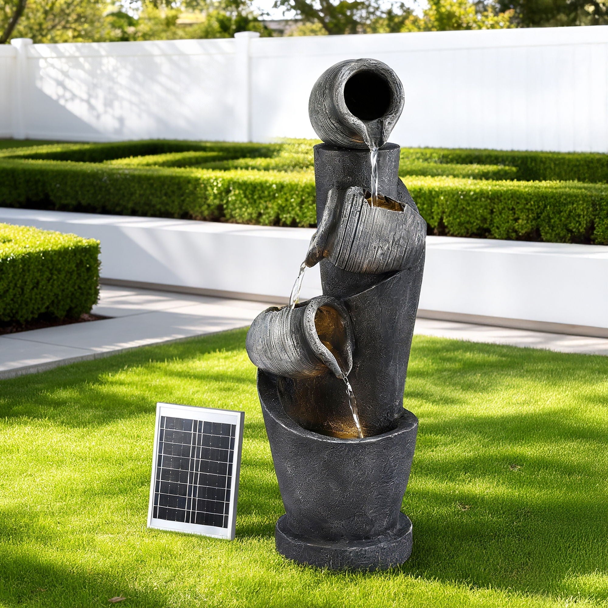Fountains & Ponds: Gardeon Solar Fountain Water Feature Cascading Fountain 3-Tier Pot LED Lights 80CM Grey