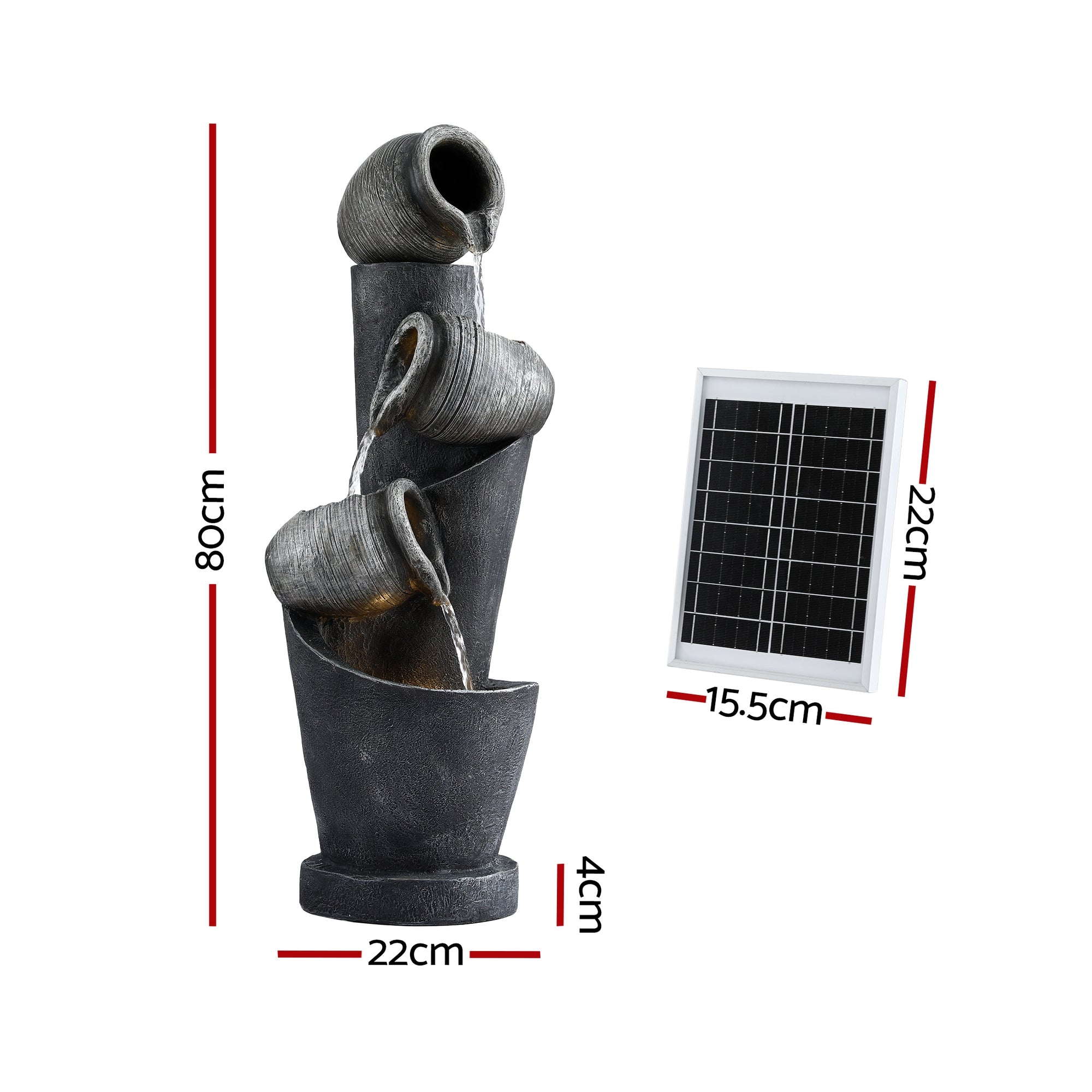 Fountains & Ponds: Gardeon Solar Fountain Water Feature Cascading Fountain 3-Tier Pot LED Lights 80CM Grey