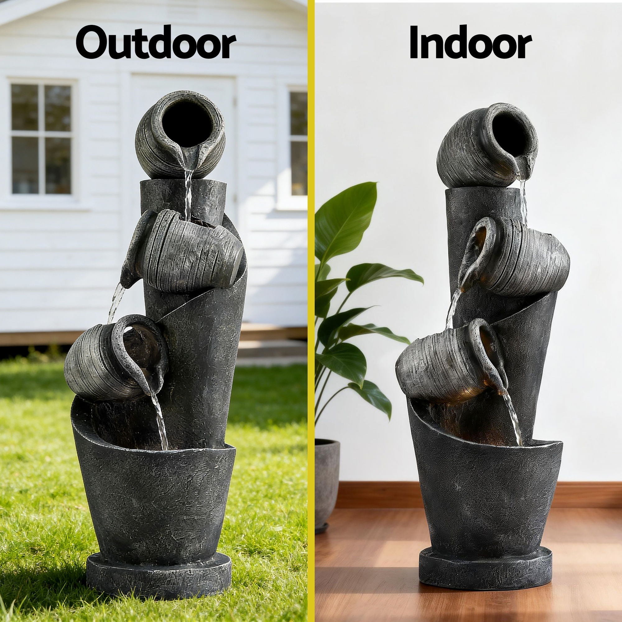 Fountains & Ponds: Gardeon Solar Fountain Water Feature Cascading Fountain 3-Tier Pot LED Lights 80CM Grey