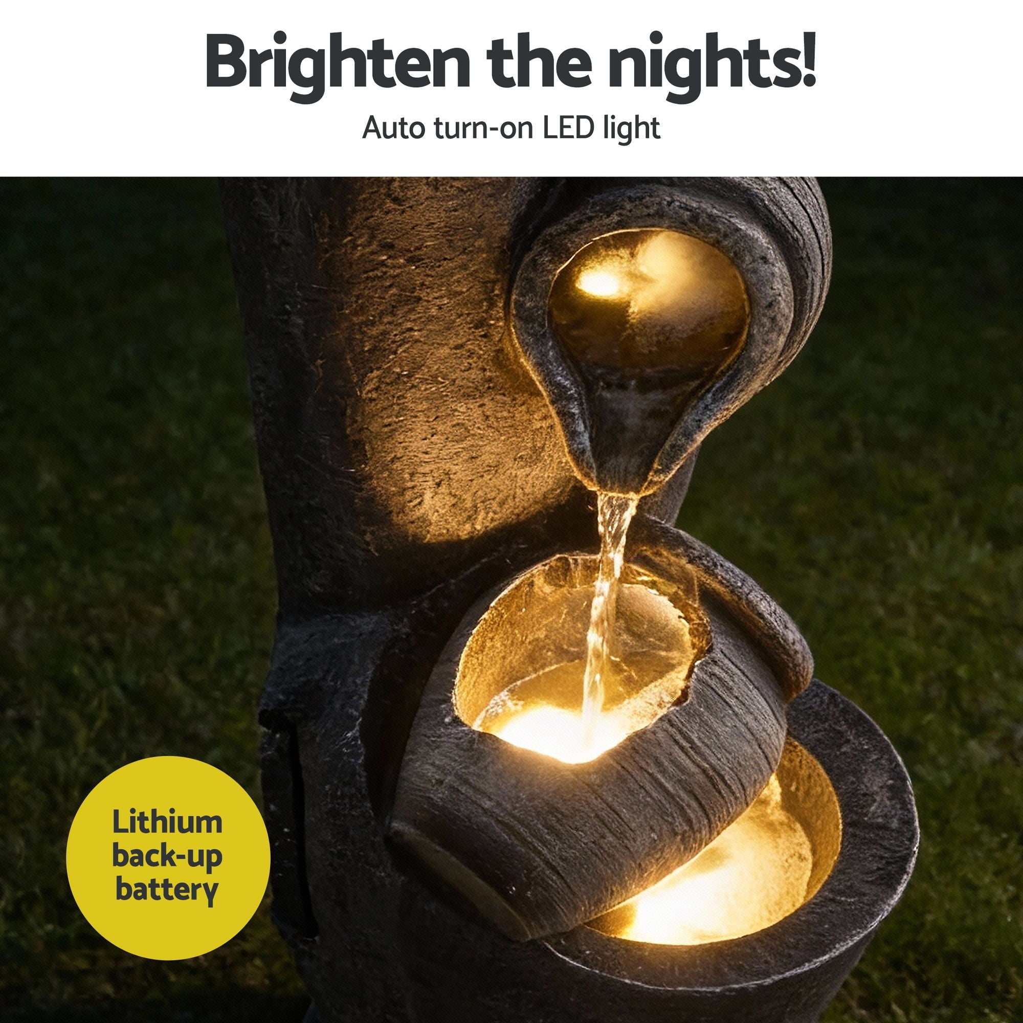 Fountains & Ponds: Gardeon Solar Fountain Water Feature Cascading Fountain 3-Tier Pot LED Lights 80CM Grey
