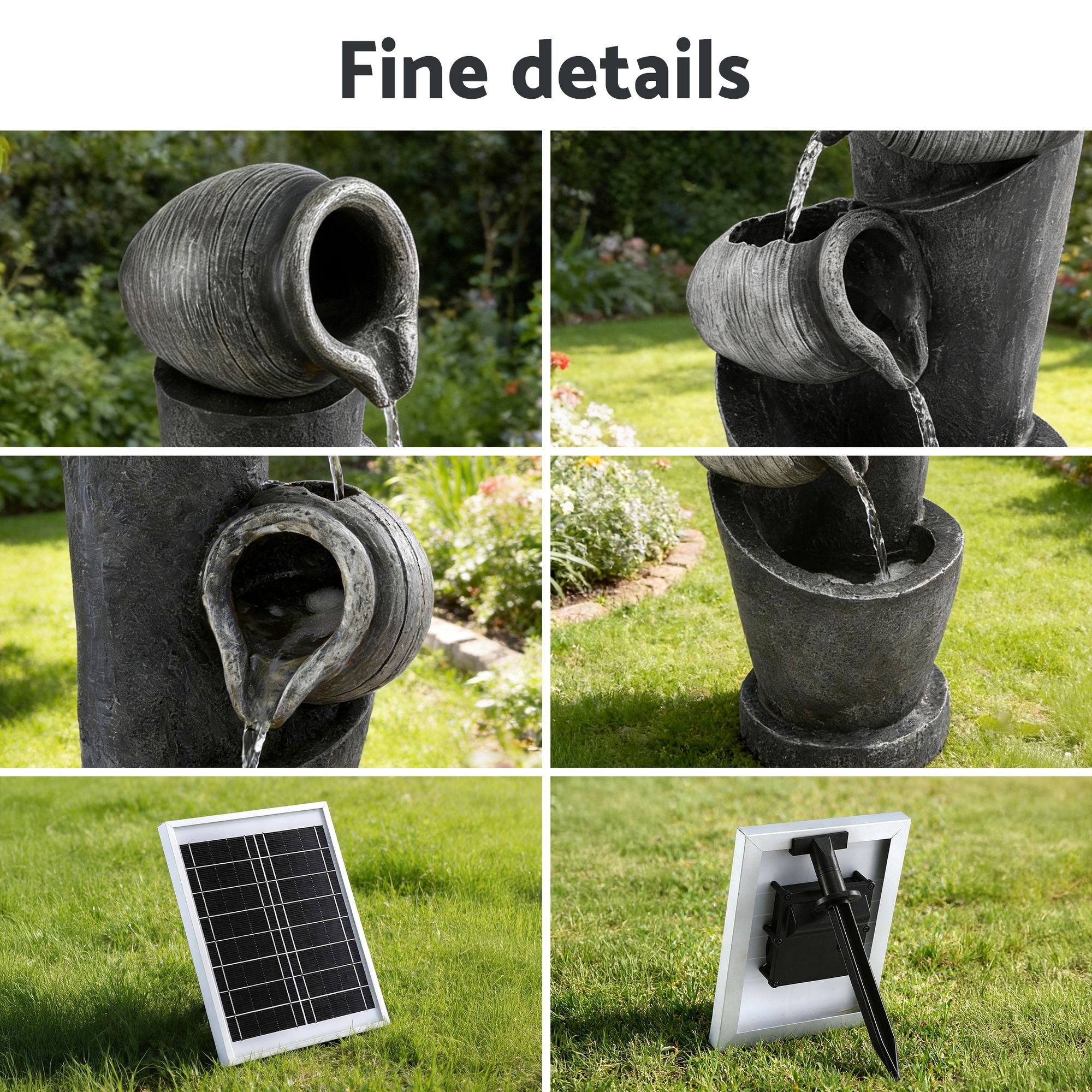 Fountains & Ponds: Gardeon Solar Fountain Water Feature Cascading Fountain 3-Tier Pot LED Lights 80CM Grey