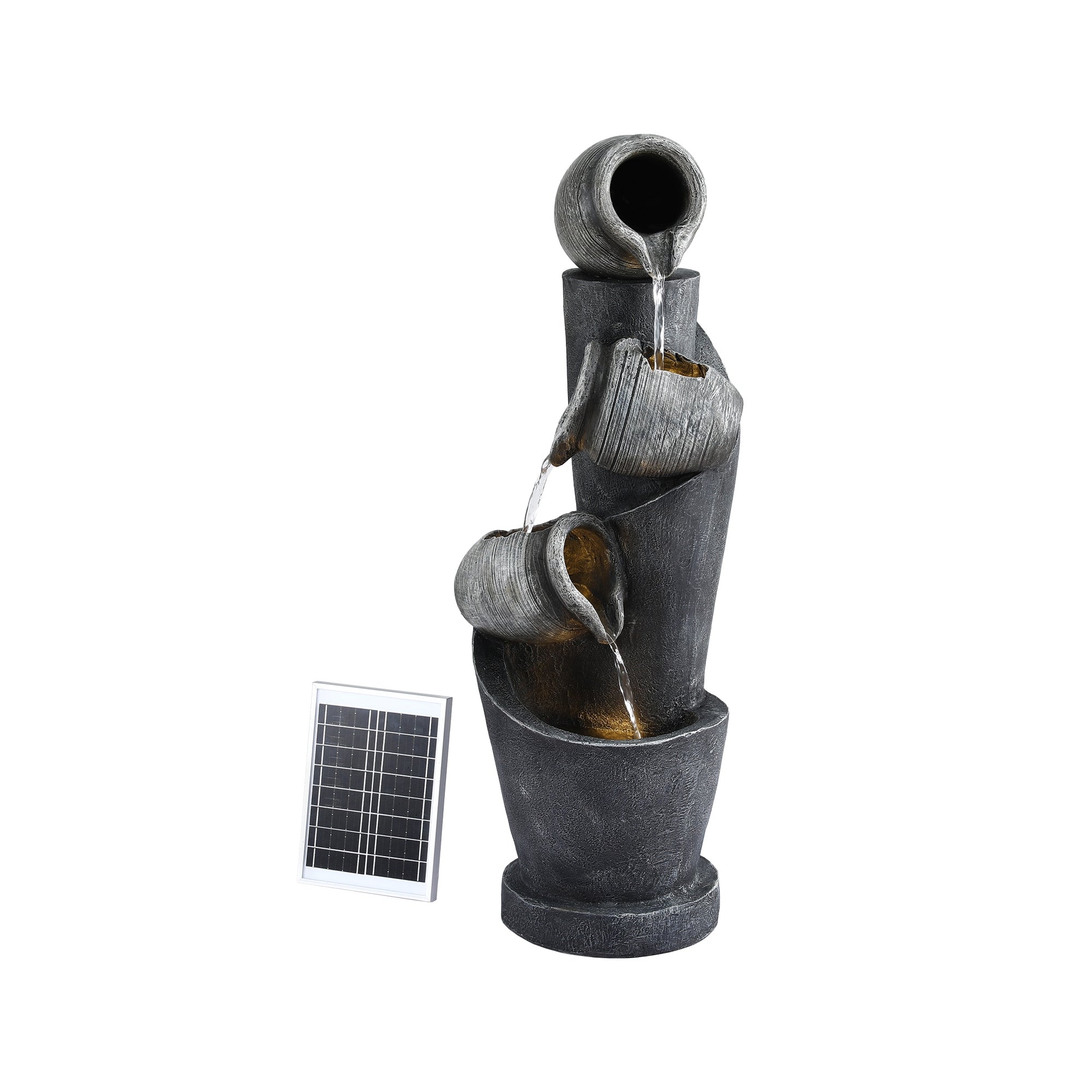 Fountains & Ponds: Gardeon Solar Fountain Water Feature Cascading Fountain 3-Tier Pot LED Lights 80CM Grey