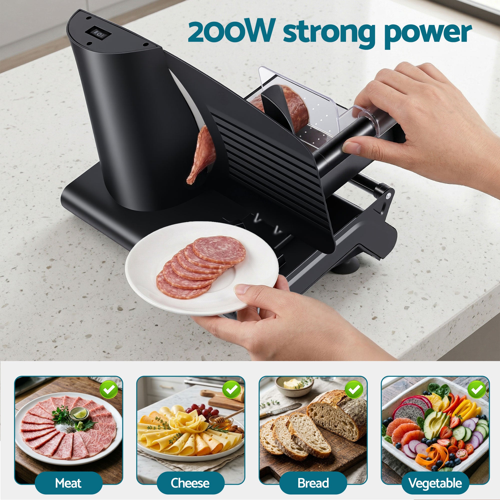 Devanti Meat Slicer Bread Vegetable, 200W Power 0-15mm Adjustable Easy Clean Stable Stainless Steel Blade Food Slicer for Kitchen Commercial, Black