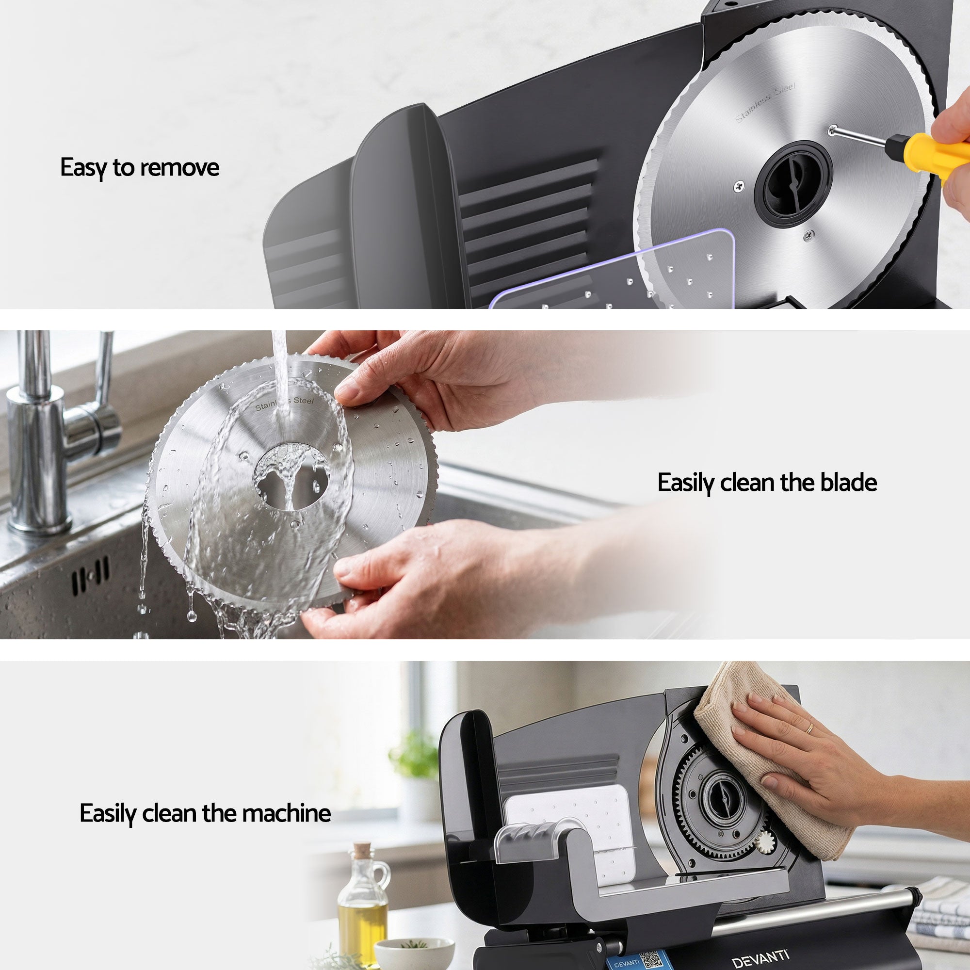 Devanti Meat Slicer Bread Vegetable, 200W Power 0-15mm Adjustable Easy Clean Stable Stainless Steel Blade Food Slicer for Kitchen Commercial, Black