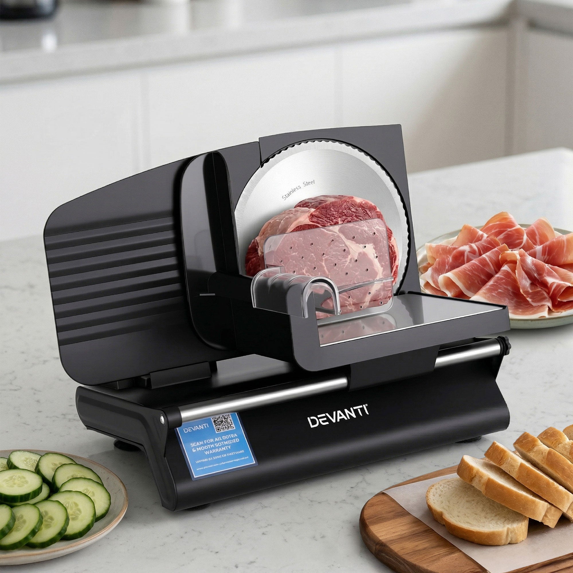 Devanti Meat Slicer Bread Vegetable, 200W Power 0-15mm Adjustable Easy Clean Stable Stainless Steel Blade Food Slicer for Kitchen Commercial, Black