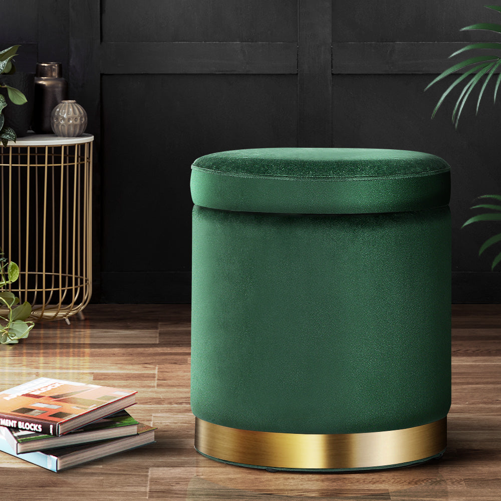 Ottomans & Footstools: Artiss Ottoman Storage Foot Stool Round Velvet Green