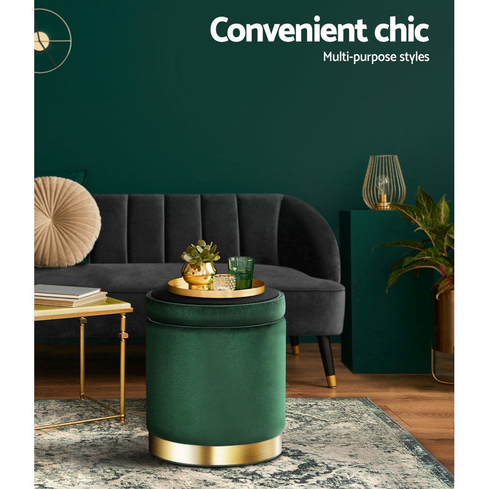Ottomans & Footstools: Artiss Ottoman Storage Foot Stool Round Velvet Green