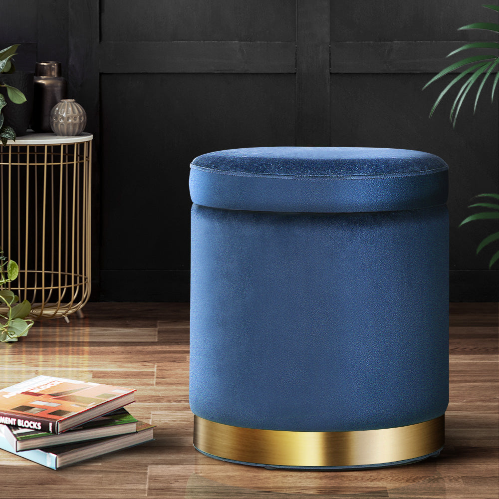 Ottomans & Footstools: Artiss Ottoman Storage Foot Stool Round Velvet Navy