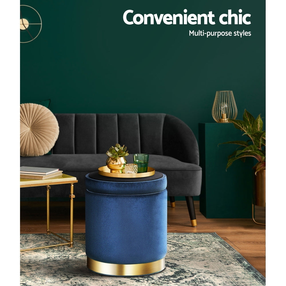 Ottomans & Footstools: Artiss Ottoman Storage Foot Stool Round Velvet Navy