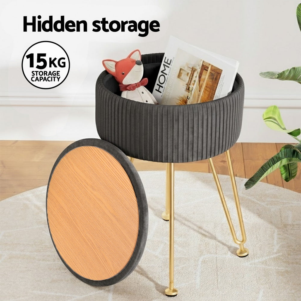 Ottomans & Footstools: Artiss Ottoman Storage Foot Stool Vanity Velvet Round Grey