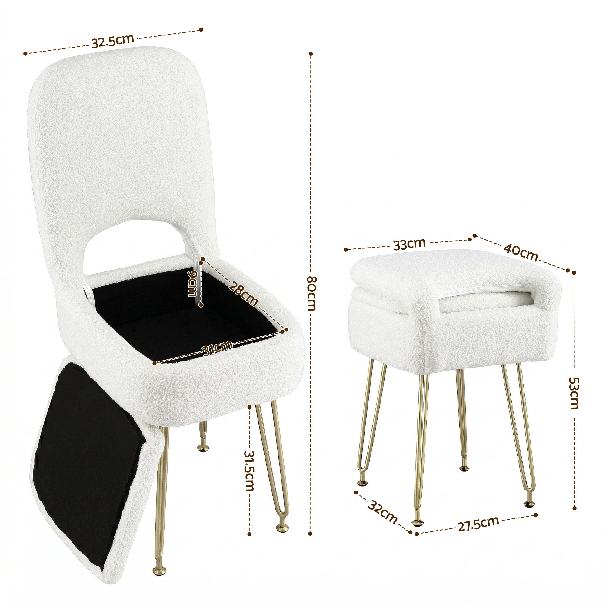 Artiss Storage Ottoman Vanity Stool Foot Stool Folding Back White