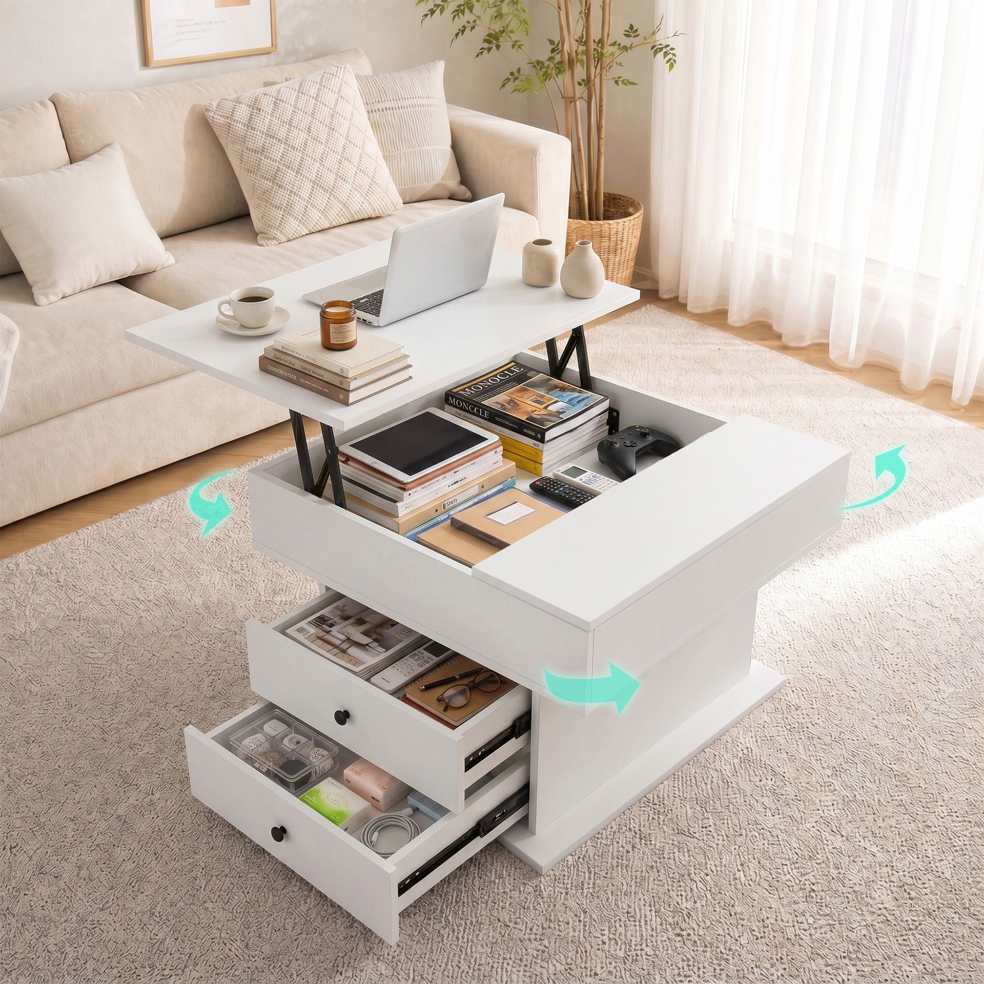 Artiss Lift Top Coffee Table Centre Table with Rotating Top Hidden Storage White