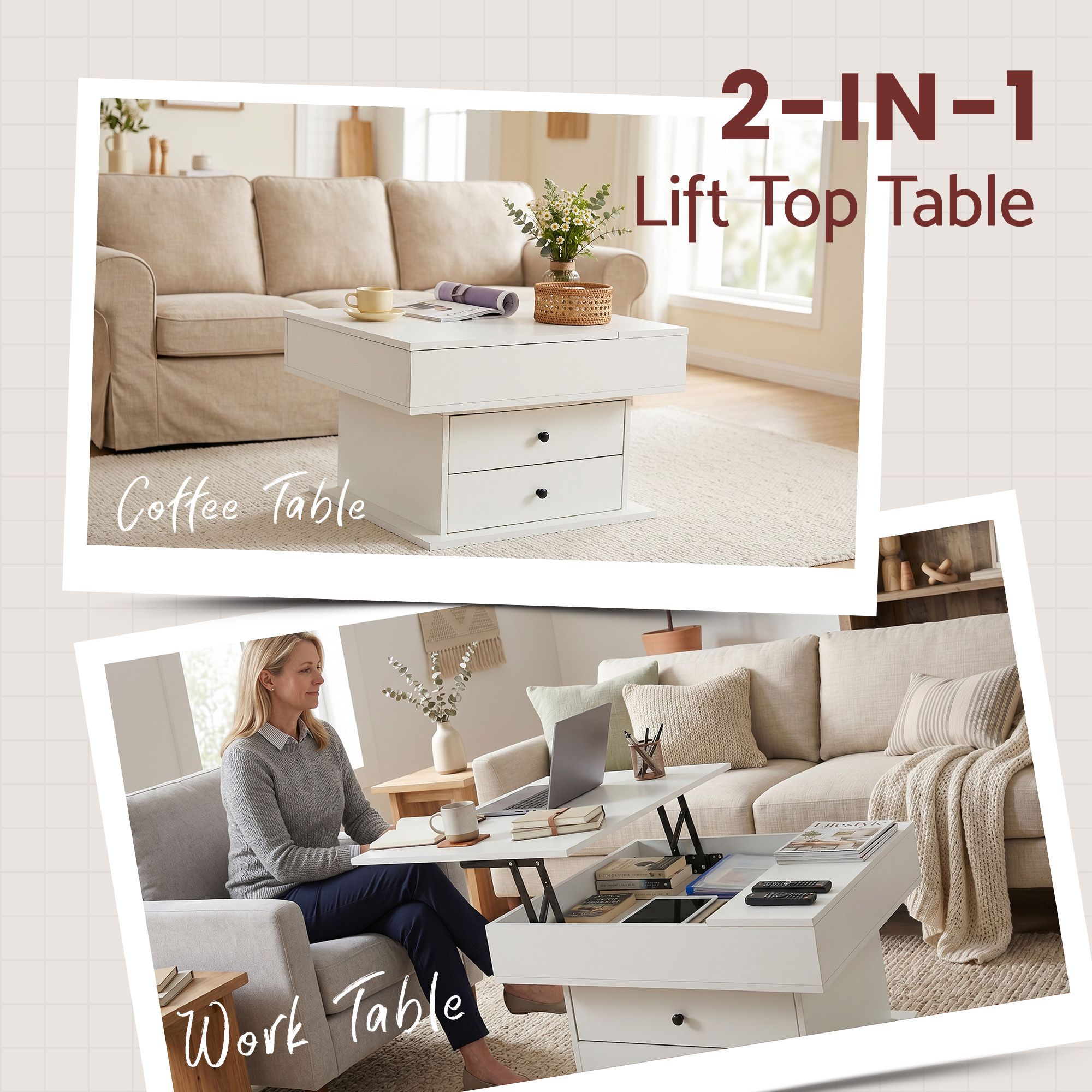 Artiss Lift Top Coffee Table Centre Table with Rotating Top Hidden Storage White