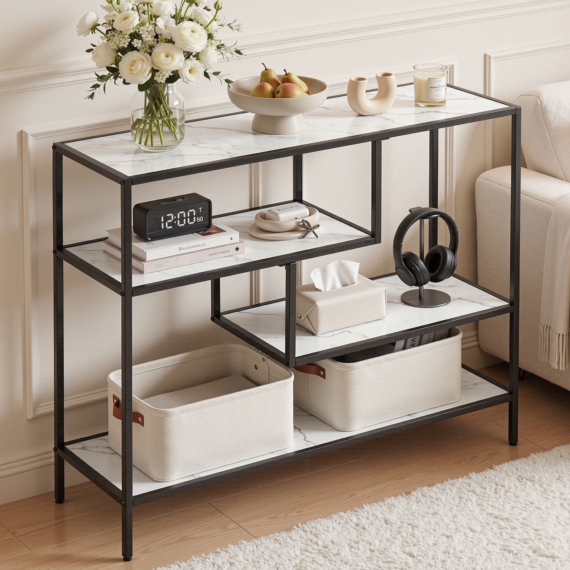 Artiss Console Table Entryway Hallway Marble Effect 4-Tier Storage Shelves White