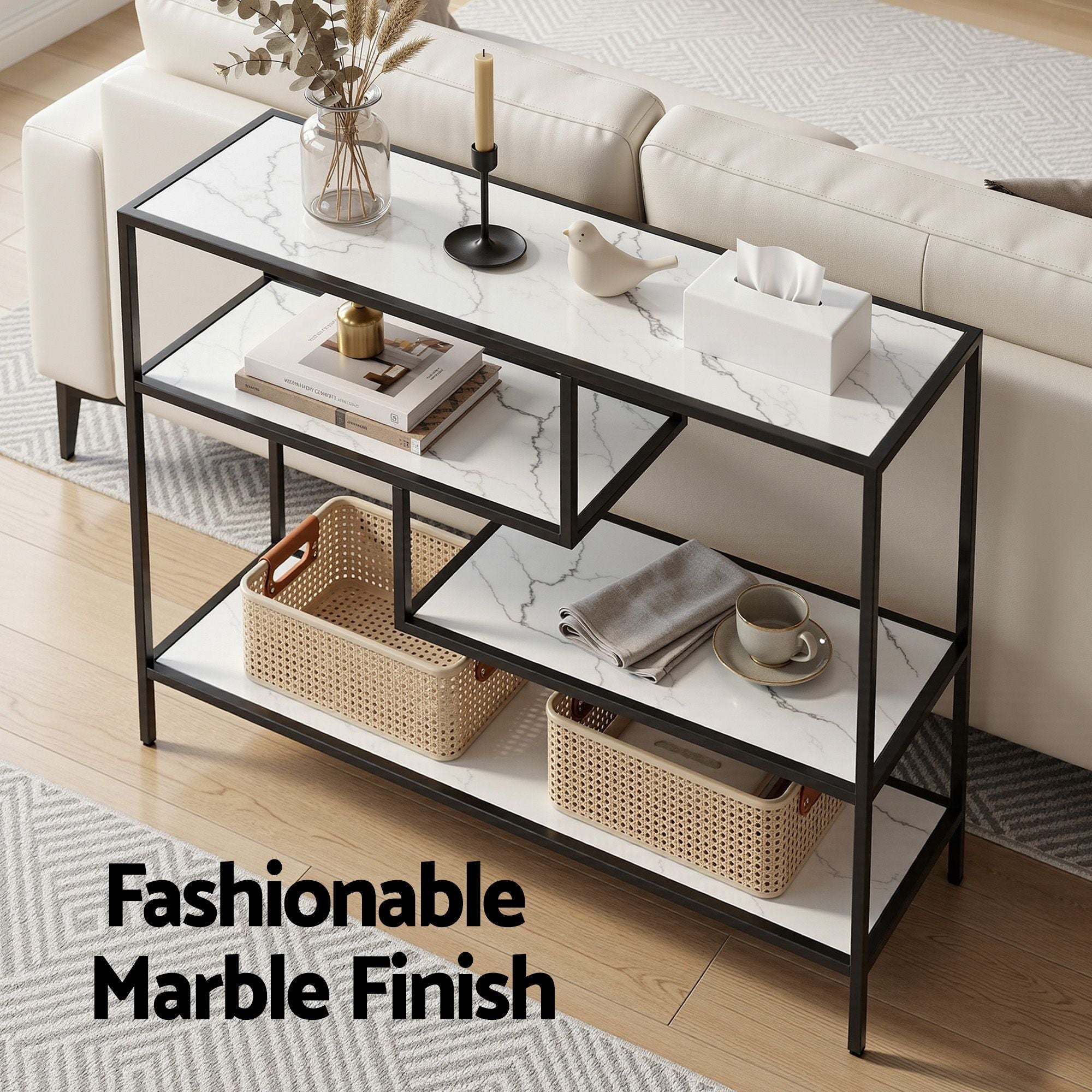 Artiss Console Table Entryway Hallway Marble Effect 4-Tier Storage Shelves White