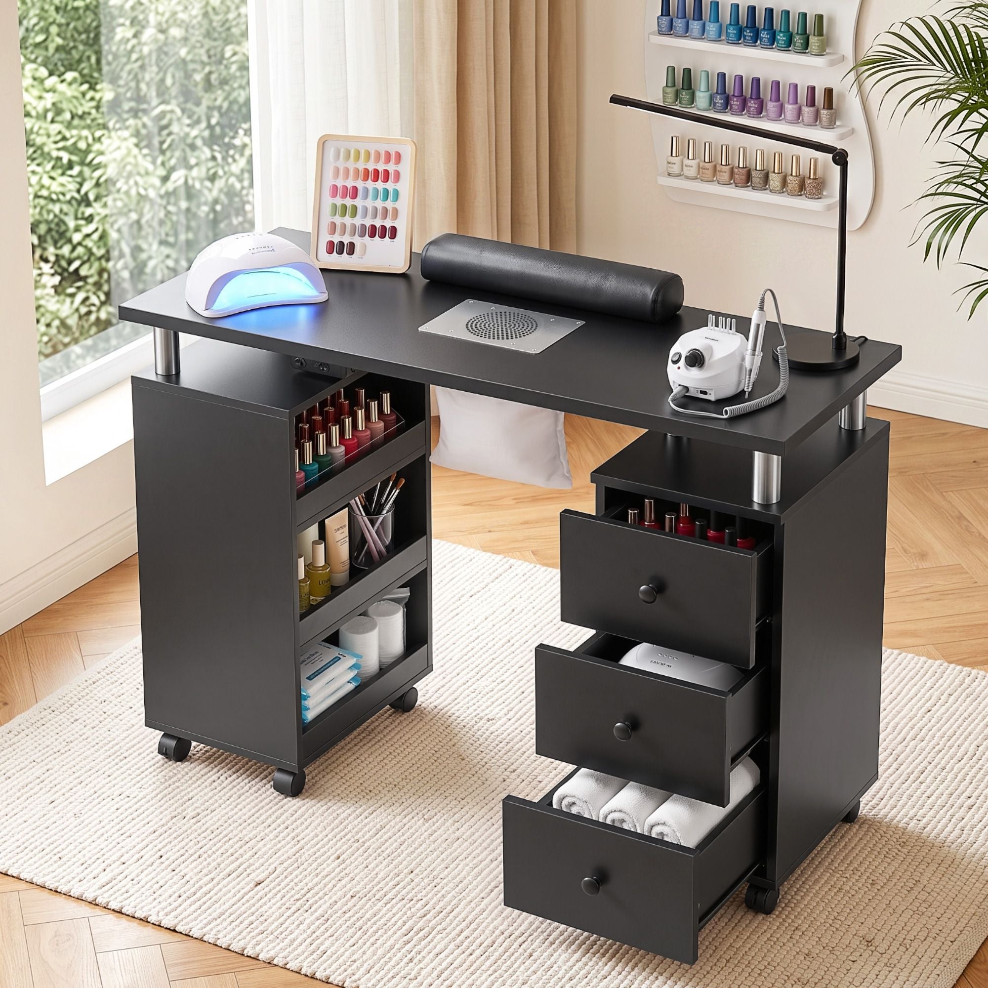 Artiss Manicure Table Nail Desk with Built-in Dust Collector Beauty Salon Station Drawers Shelves Wrist Cushion Wheels Black