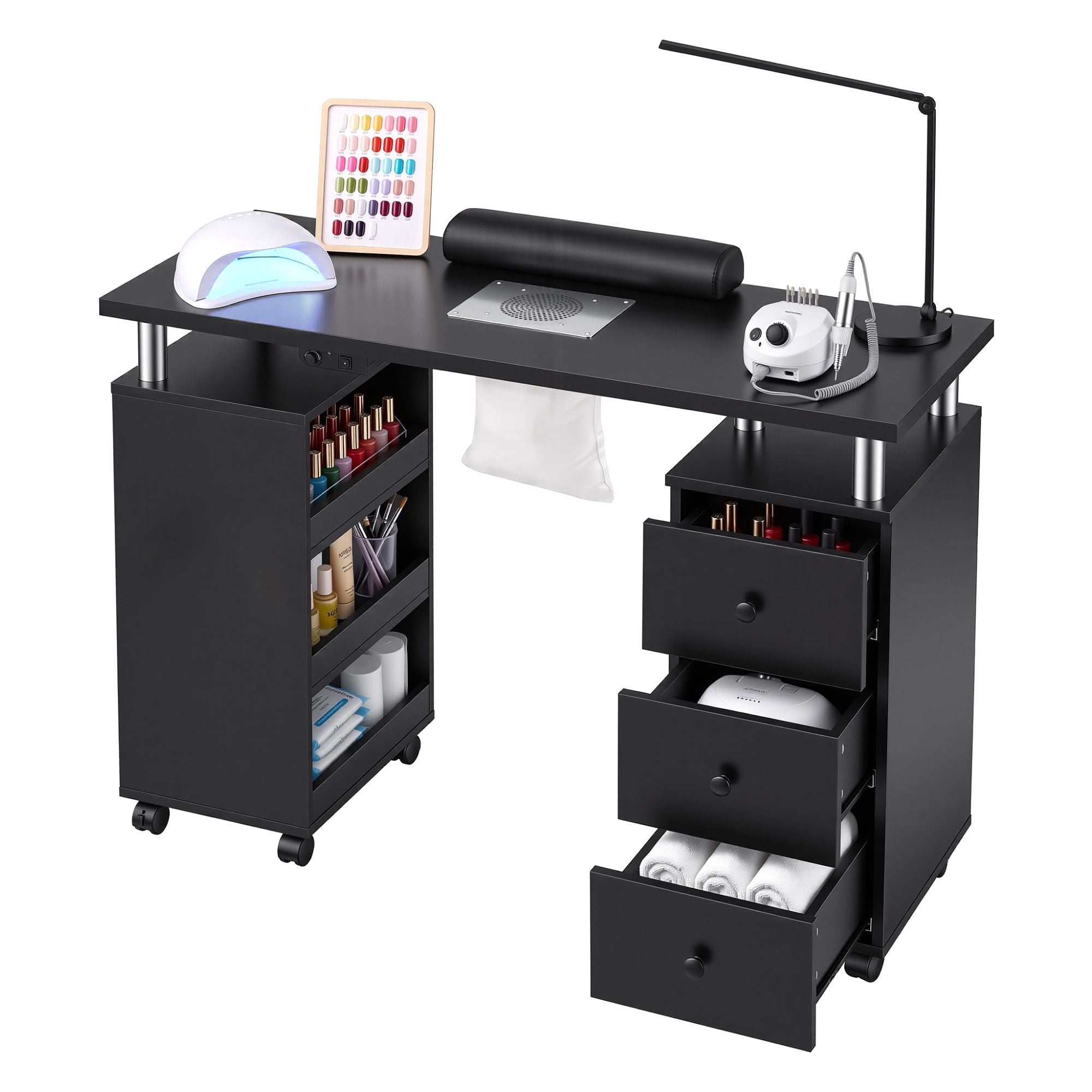 Artiss Manicure Table Nail Desk with Built-in Dust Collector Beauty Salon Station Drawers Shelves Wrist Cushion Wheels Black