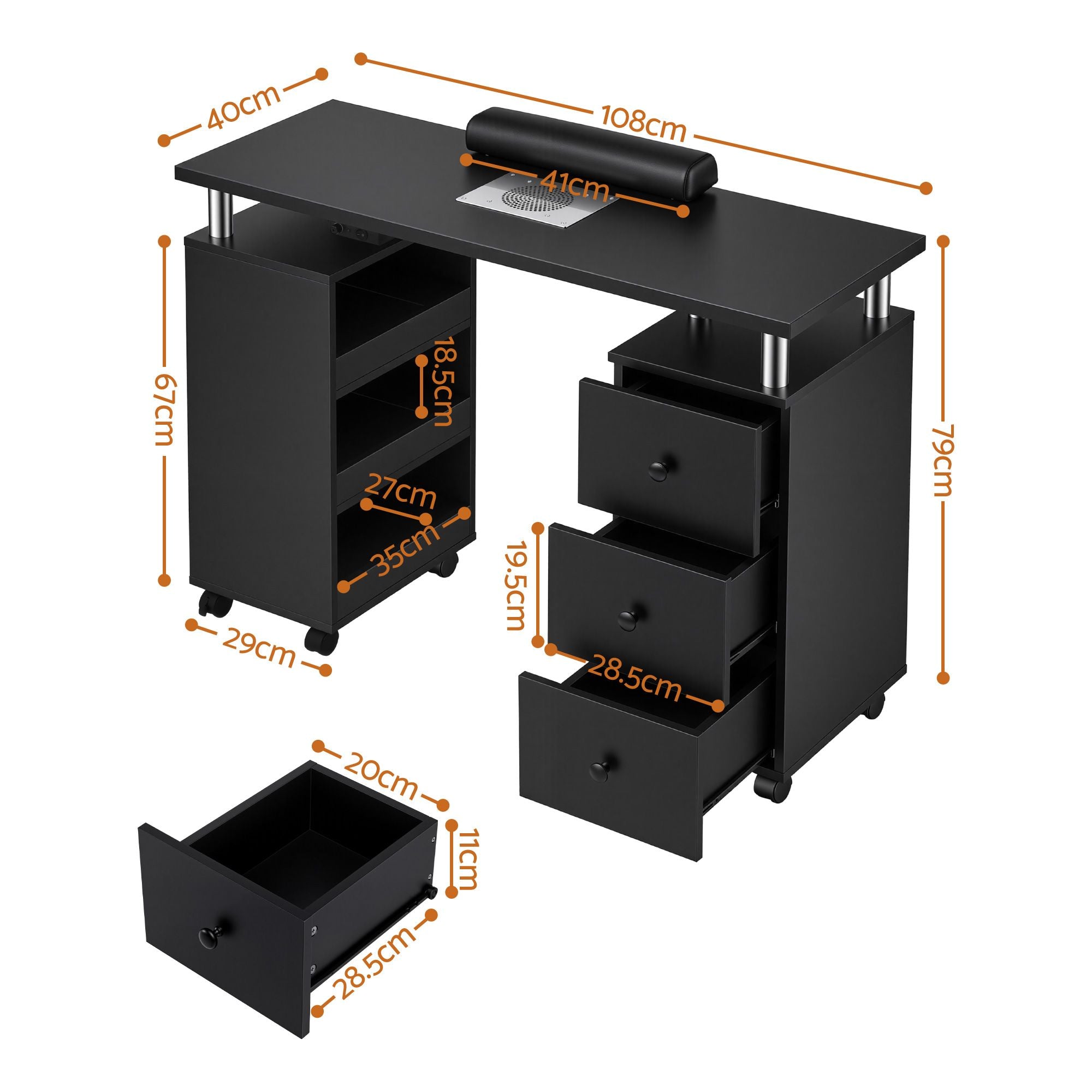 Artiss Manicure Table Nail Desk with Built-in Dust Collector Beauty Salon Station Drawers Shelves Wrist Cushion Wheels Black