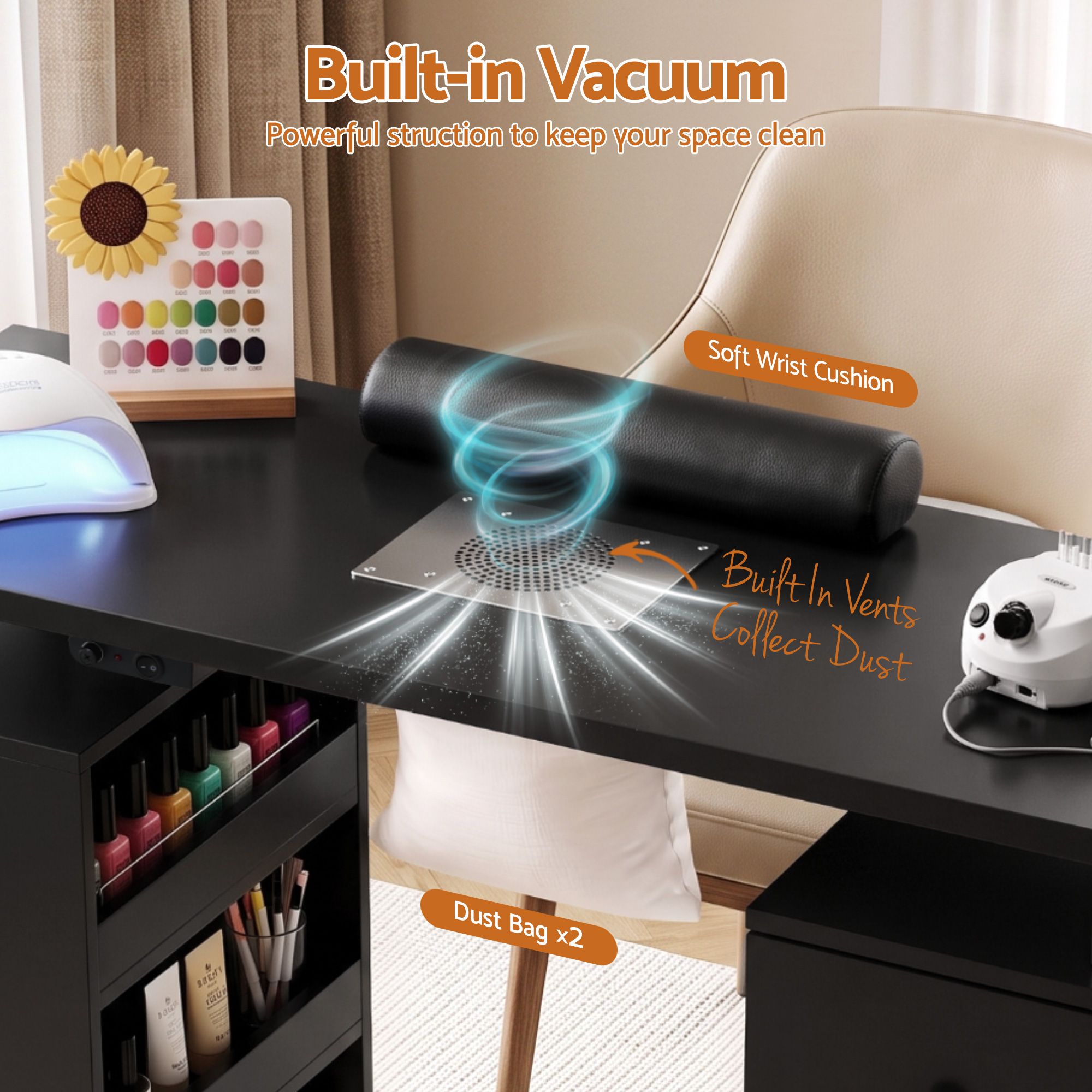 Artiss Manicure Table Nail Desk with Built-in Dust Collector Beauty Salon Station Drawers Shelves Wrist Cushion Wheels Black