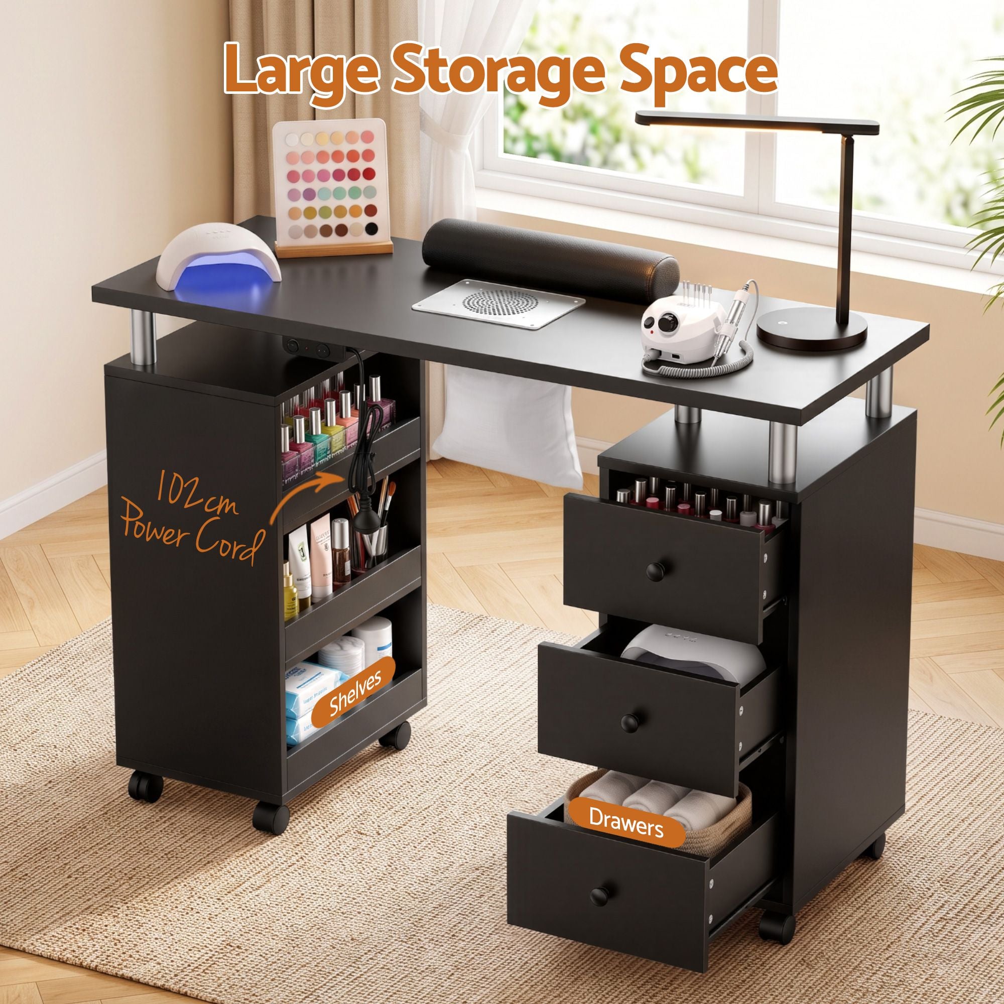 Artiss Manicure Table Nail Desk with Built-in Dust Collector Beauty Salon Station Drawers Shelves Wrist Cushion Wheels Black