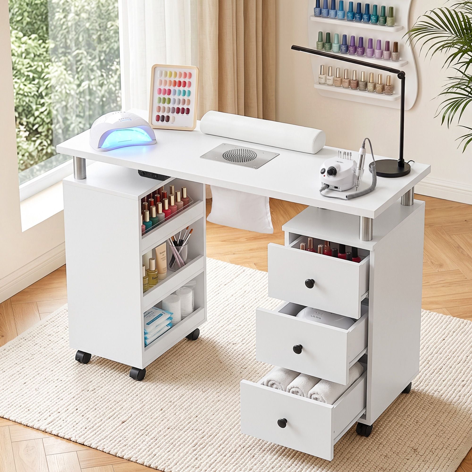 Artiss Manicure Table Nail Desk with Built-in Dust Collector Beauty Salon Station Drawers Shelves Wrist Cushion Wheels White