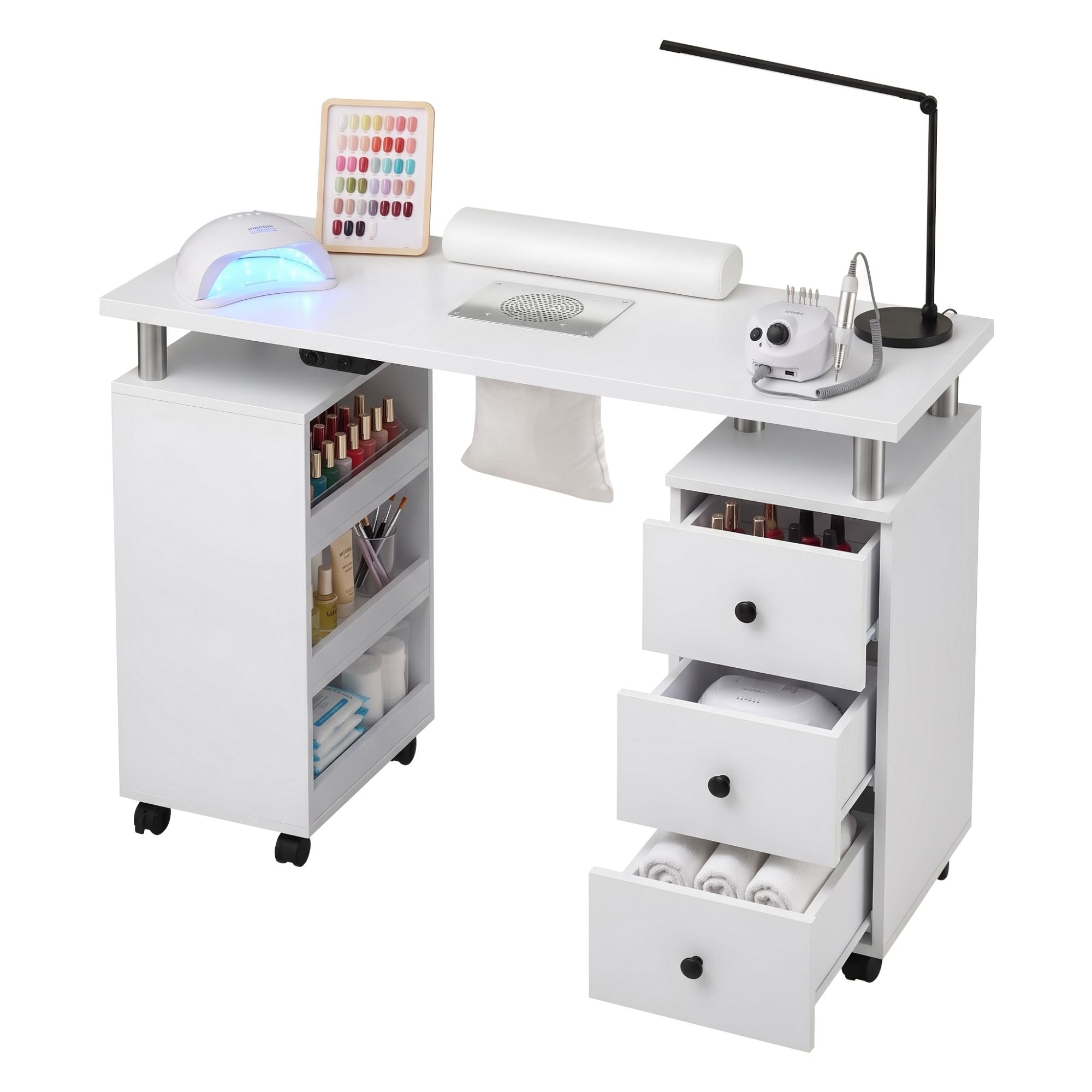 Artiss Manicure Table Nail Desk with Built-in Dust Collector Beauty Salon Station Drawers Shelves Wrist Cushion Wheels White