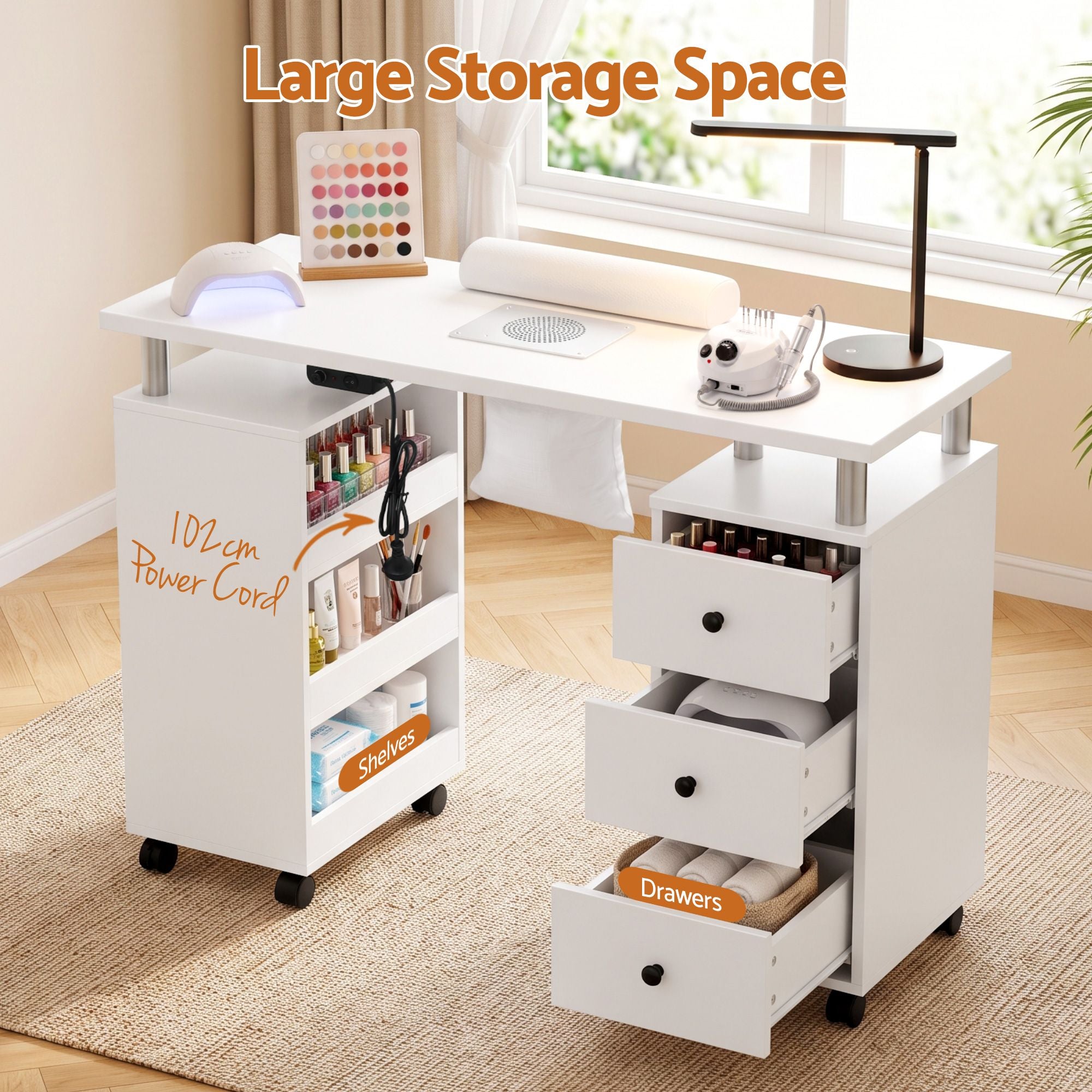 Artiss Manicure Table Nail Desk with Built-in Dust Collector Beauty Salon Station Drawers Shelves Wrist Cushion Wheels White