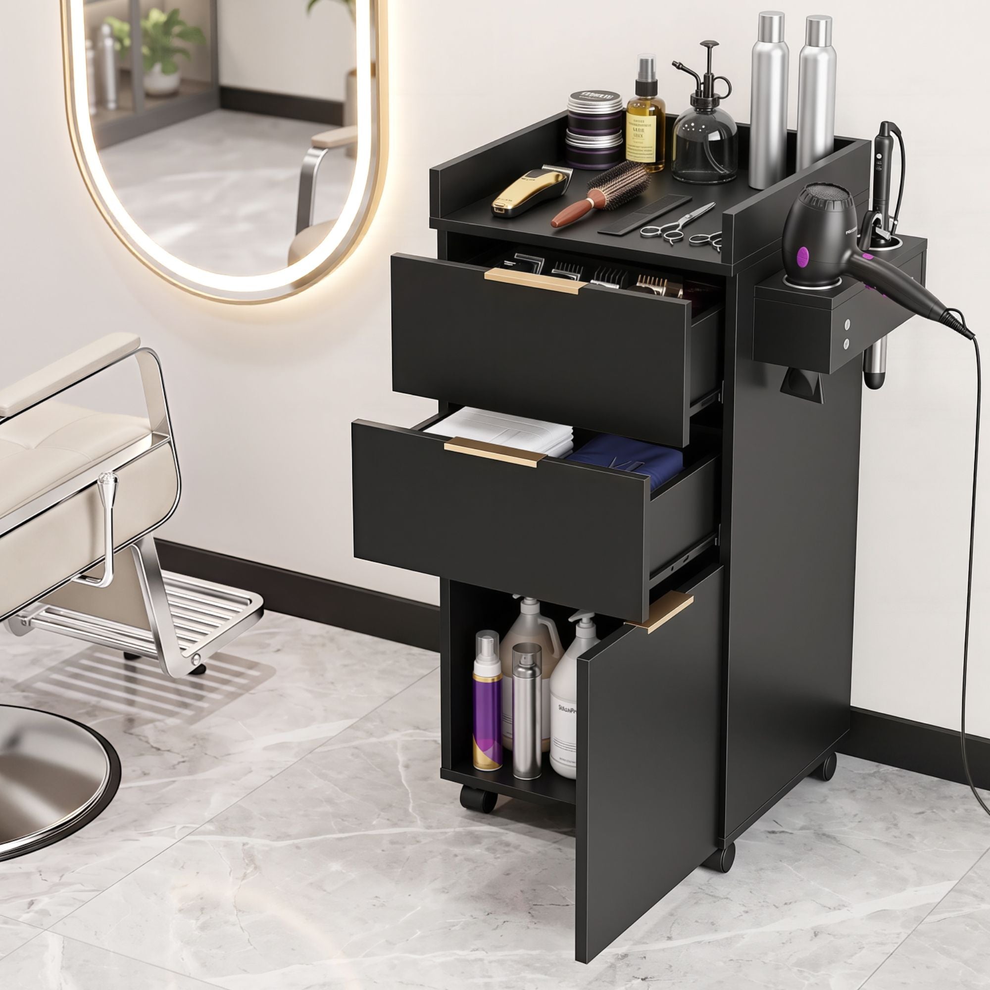 Artiss Professional Salon Station Rolling Cart, Hair Styling Beauty Cabinet with 2 Drawers, Large Supply Cabinet & 3 Appliance Holders, Wood Barber Spa Trolley with 360° Wheels for Skincare & Vanity, Black