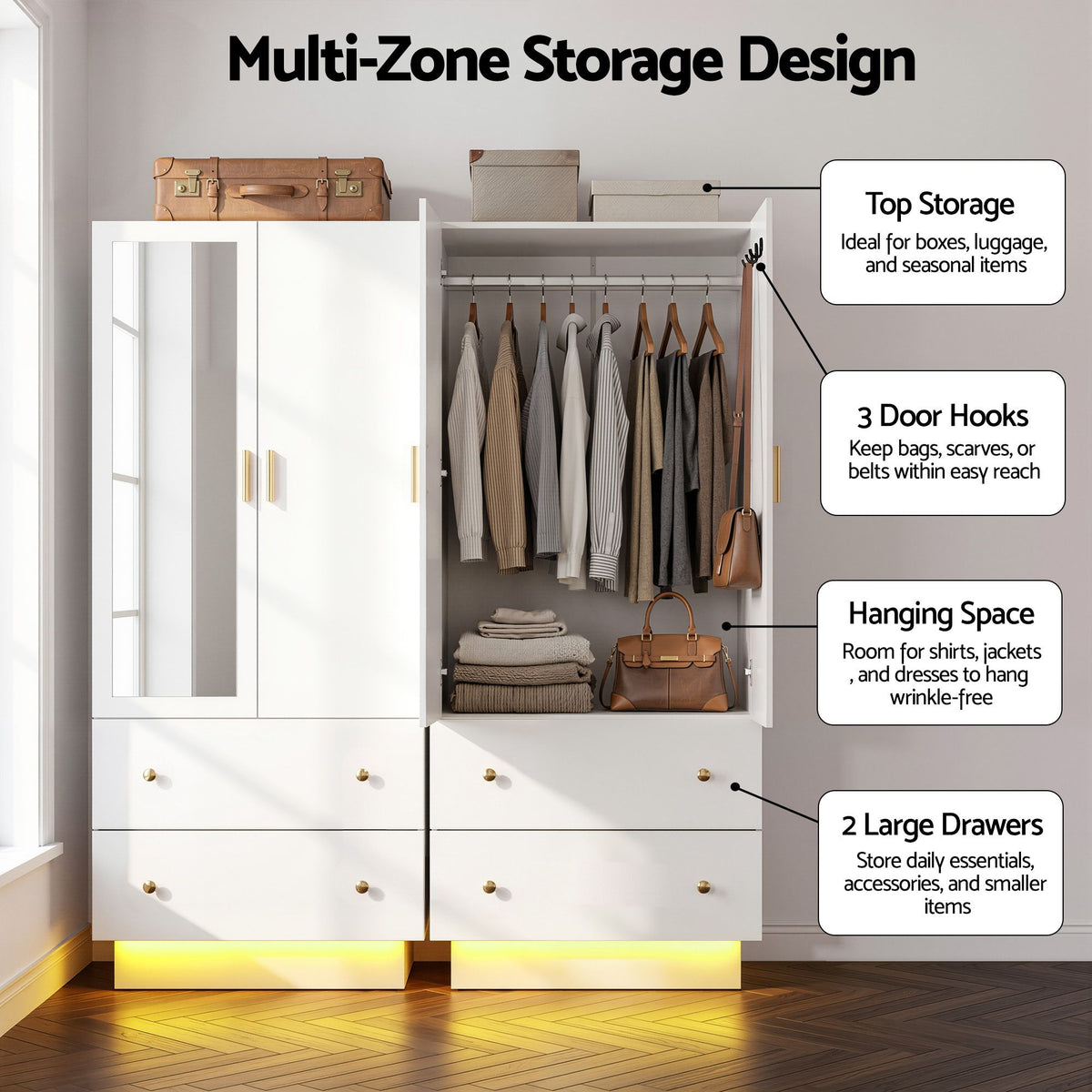 Artiss LED Wardrobe Cabinet Clothes Storage with Mirror