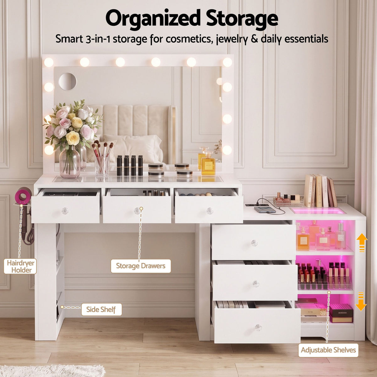 Artiss Dressing Table Mirror Charging Station Glass Top Makeup Vanity Desk RGB Cabinet Storage Drawers Hairdryer Holder White