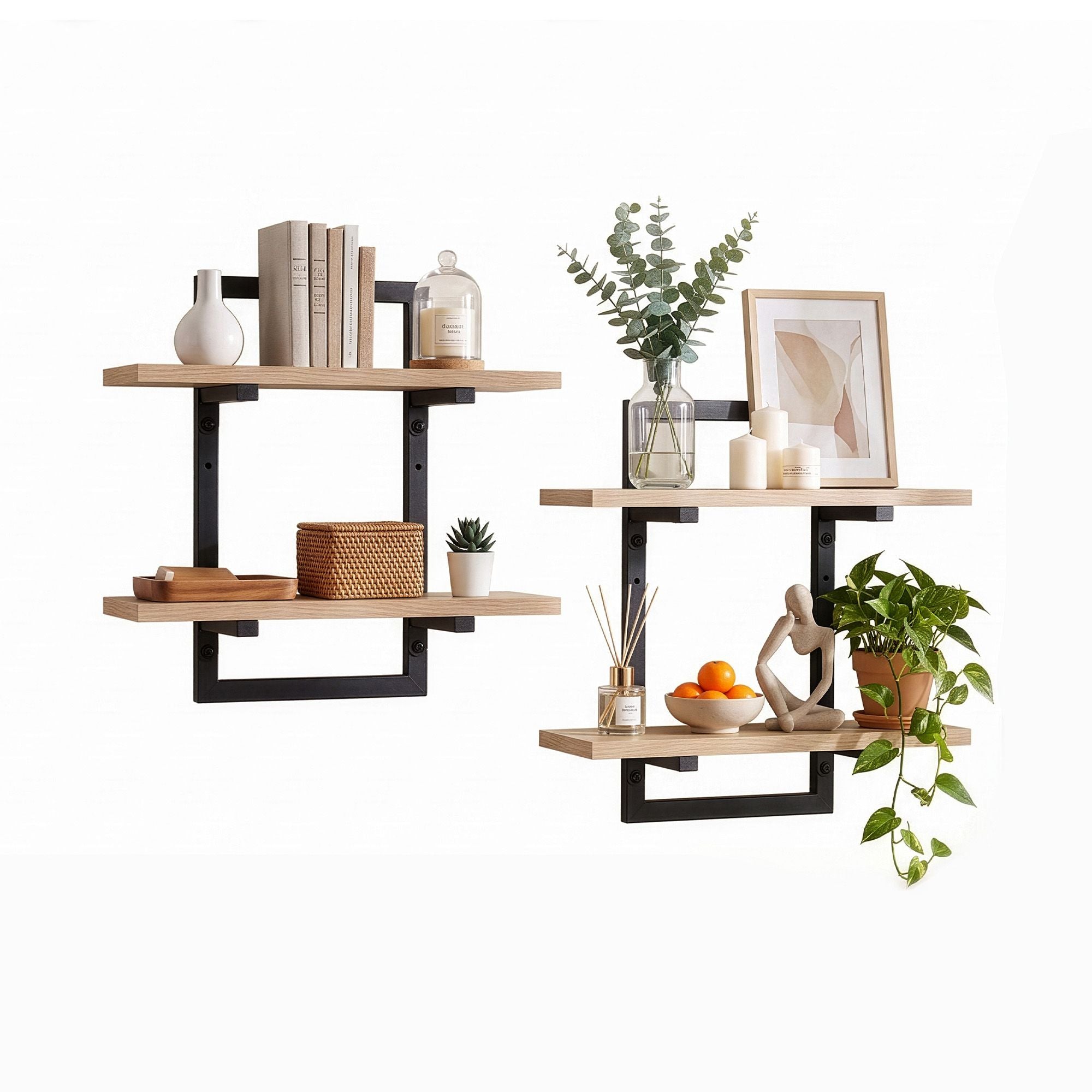 Artiss Set of 2 Floating Wall Shelf 2-Tier Wall-Mounted Display Ledge Wood & Metal