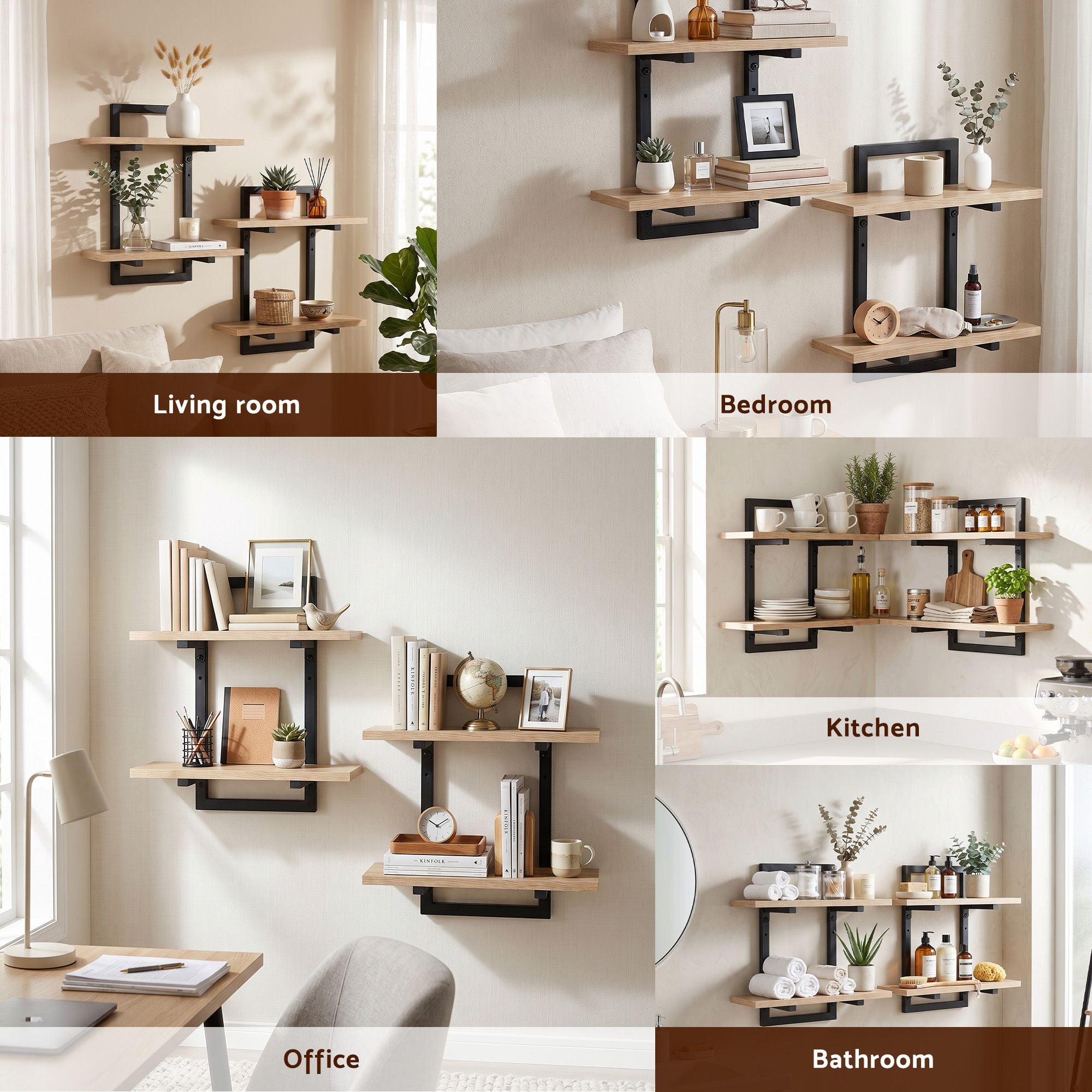 Artiss Set of 2 Floating Wall Shelf 2-Tier Wall-Mounted Display Ledge Wood & Metal