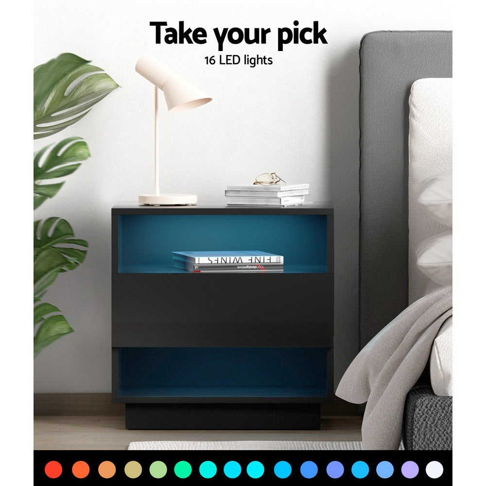 Bedside Tables: Artiss Bedside Table LED with 2 Shelves - HANA Black