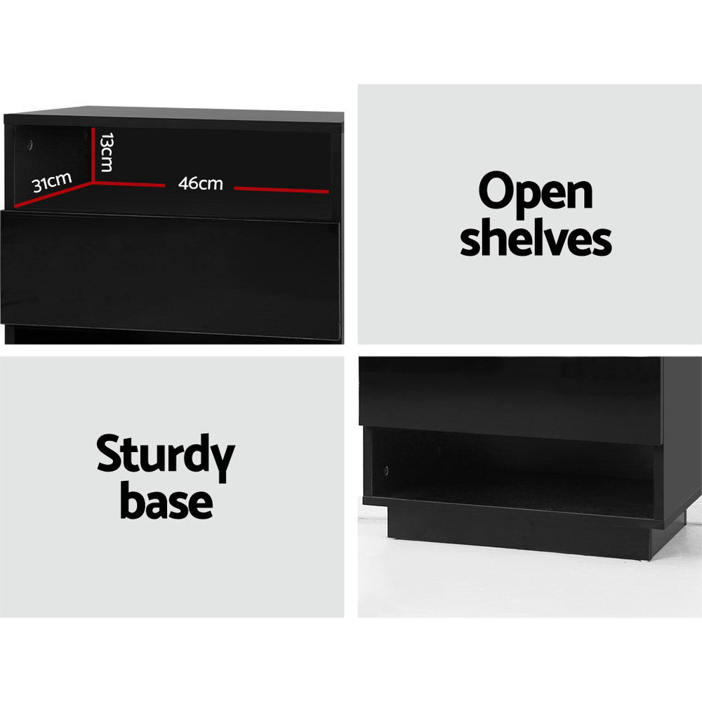 Bedside Tables: Artiss Bedside Table LED with 2 Shelves - HANA Black